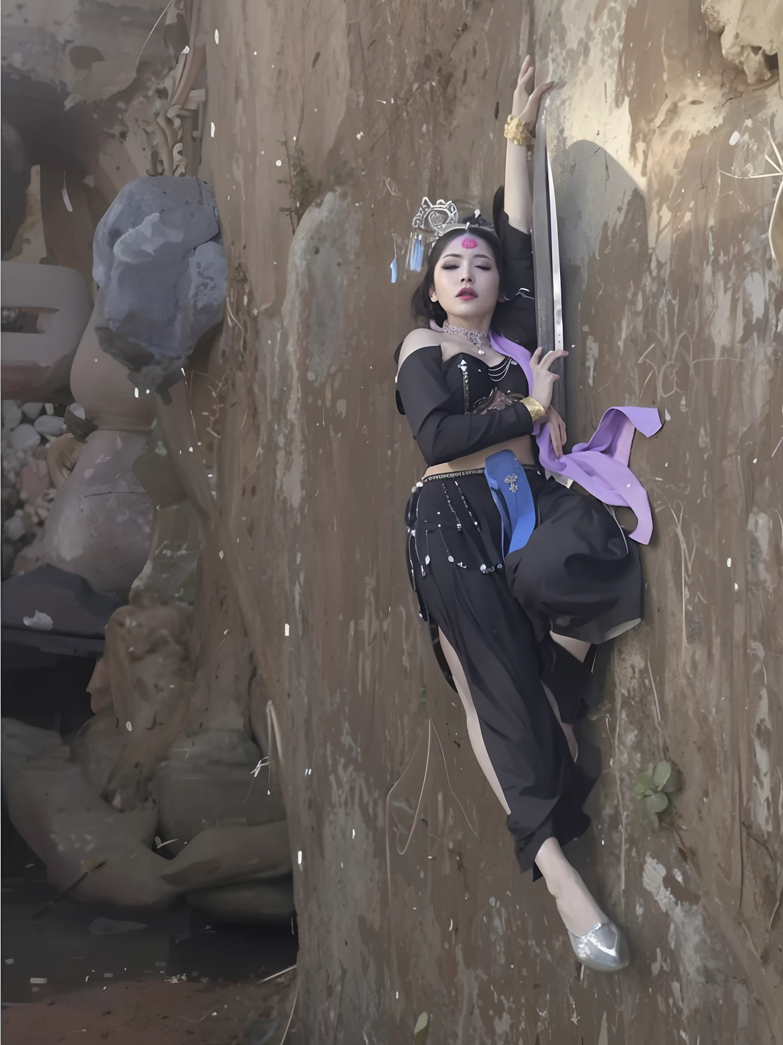 The banshee that was beaten to death,On the ground lies a beautiful and enchanting belly dancer,Holding An Sword, she's lying on her back,heavy makeup on her face,Charming, Sexy dress ,36 years old,an exhausted deity,Wear a black sexy bra,Bra with pearl pendant accessories,Bare waist and thighs,cropped shoulders,Mature sexy young woman face,With his eyes closed,lying on the ground, His nails are long,fantasy still, full-body wuxia, movieencap, sleeping princess!!!!, insanity girl summon her death, lies on the ground, japanese horror movie footi Tang,High subcontracting,There are various headdresses,The black coat is transparent,The waist is exposed a lot,Purple bow on bra,Wear purple lace-up shoes,The succubus was killed,
