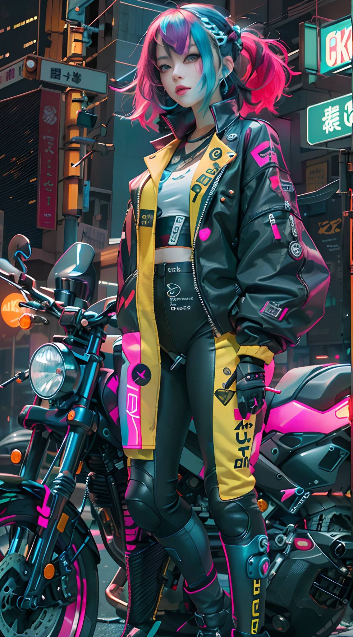 masutepiece, Best Quality, Confident cyberpunk girl, Full body shot, ((Stand in front of the motorcycle)), Pop costumes inspired by Harajuku, Bold colors and patterns, Eye-catching accessories, Trendy and innovative hairstyles, Bright makeup, Cyberpunk dazzling cityscape, Skyscrapers, neon signs, led lights, Bright and vivid color scheme, Anime, Illustration, Detailed skin texture, Detailed Cloth Texture, beautifull detailed face, Intricate details, ultra-detailliert.