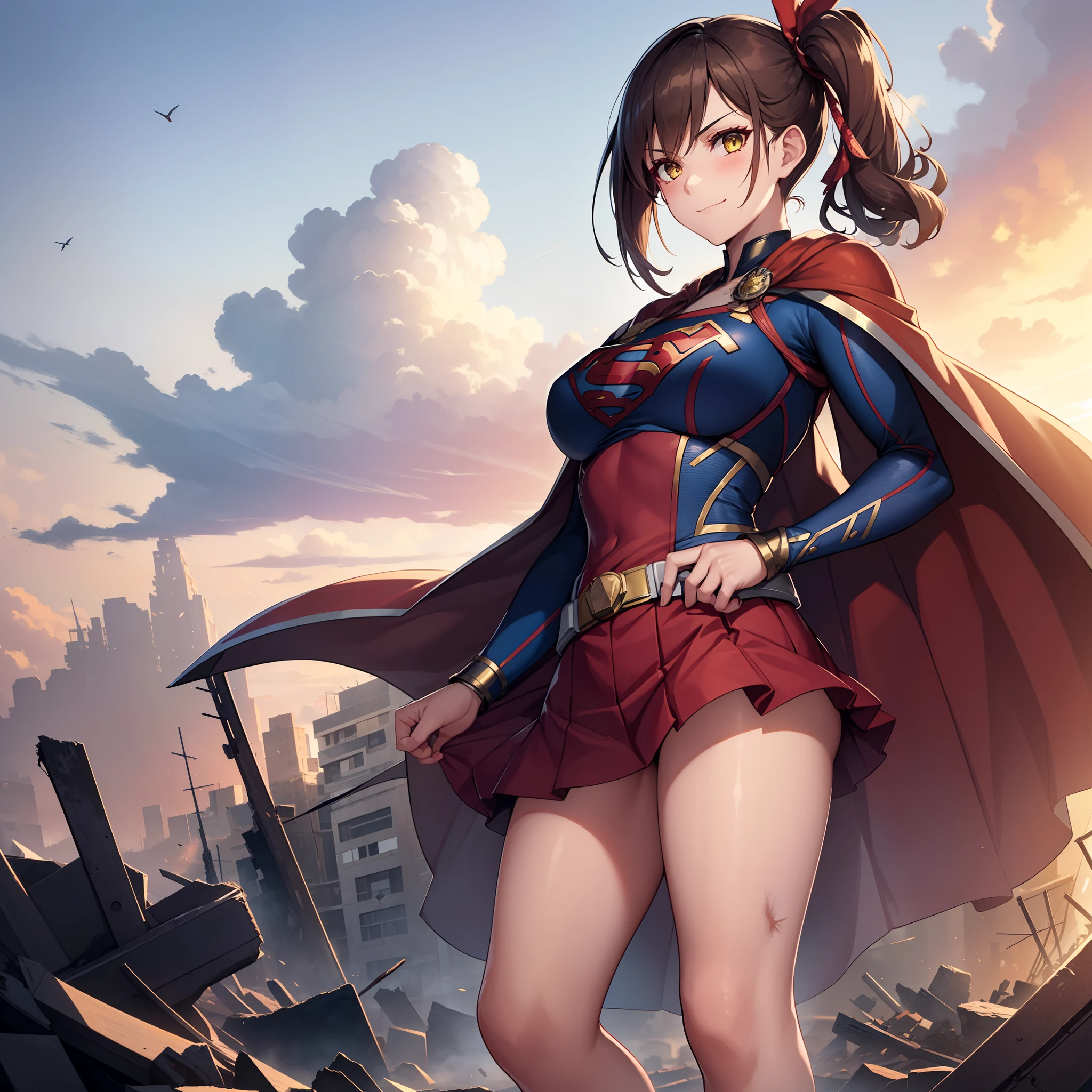 1girl,Zuikaku,gigantic breasts,superhero pose,standing in ruined city,(8k),scratches,detailed face,brown hair,yellow eyes,very long hair,embarassed,small smile face, side ponytail,orange eyeshadow,hair ornament, high_res, high_definition,the battlefield,blue suite,red cape,(Supergirl Custom:1.1),