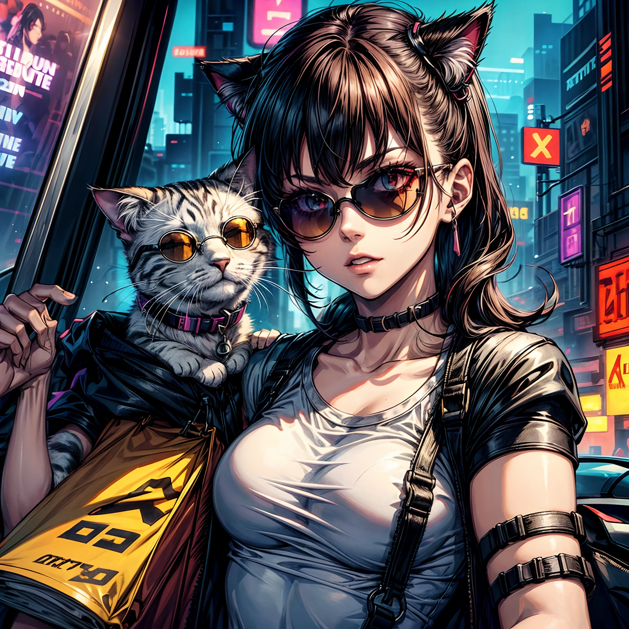 Cat with the sunglasses in the cyberpunk