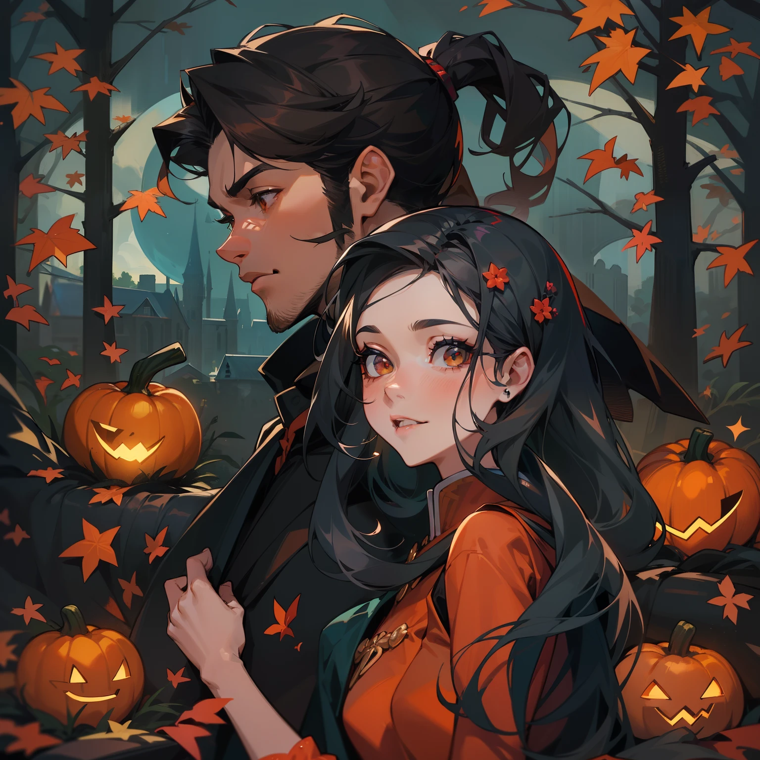 A Handsome man and a beautiful witch woman，In the moonlight，kisses，hugs，beautiful witch womanwith ponytail Black color hair， which women wearing Emerald costume detailed hair，effeminate，Be red in the face，man's wearing a black suit，man with brown hair and Brown eyes, pumpkin background, 8k