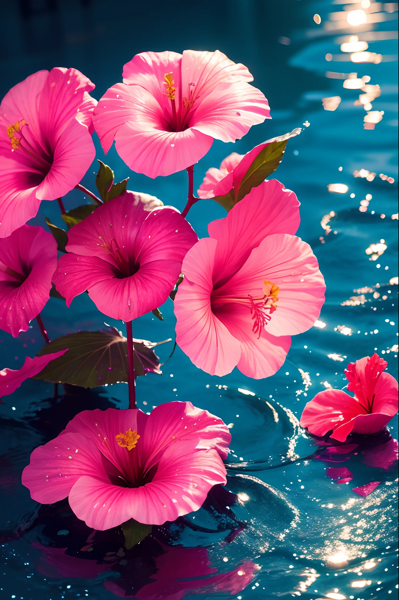 hibiscus Moon with water drops,neon glow, random background, sun rise, bokha mood