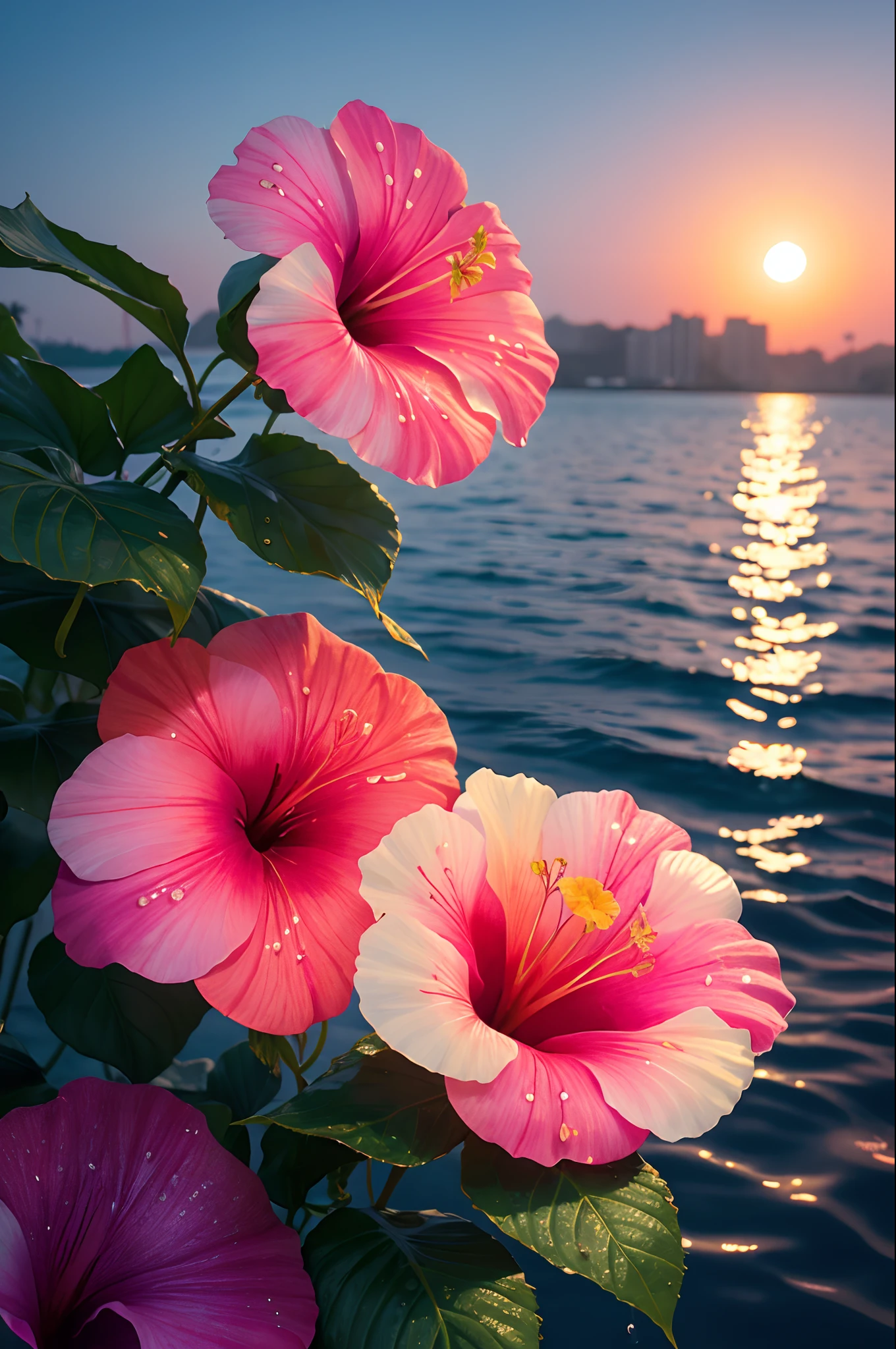 hibiscus Moon with water drops,neon glow, random background, sun rise, bokha mood