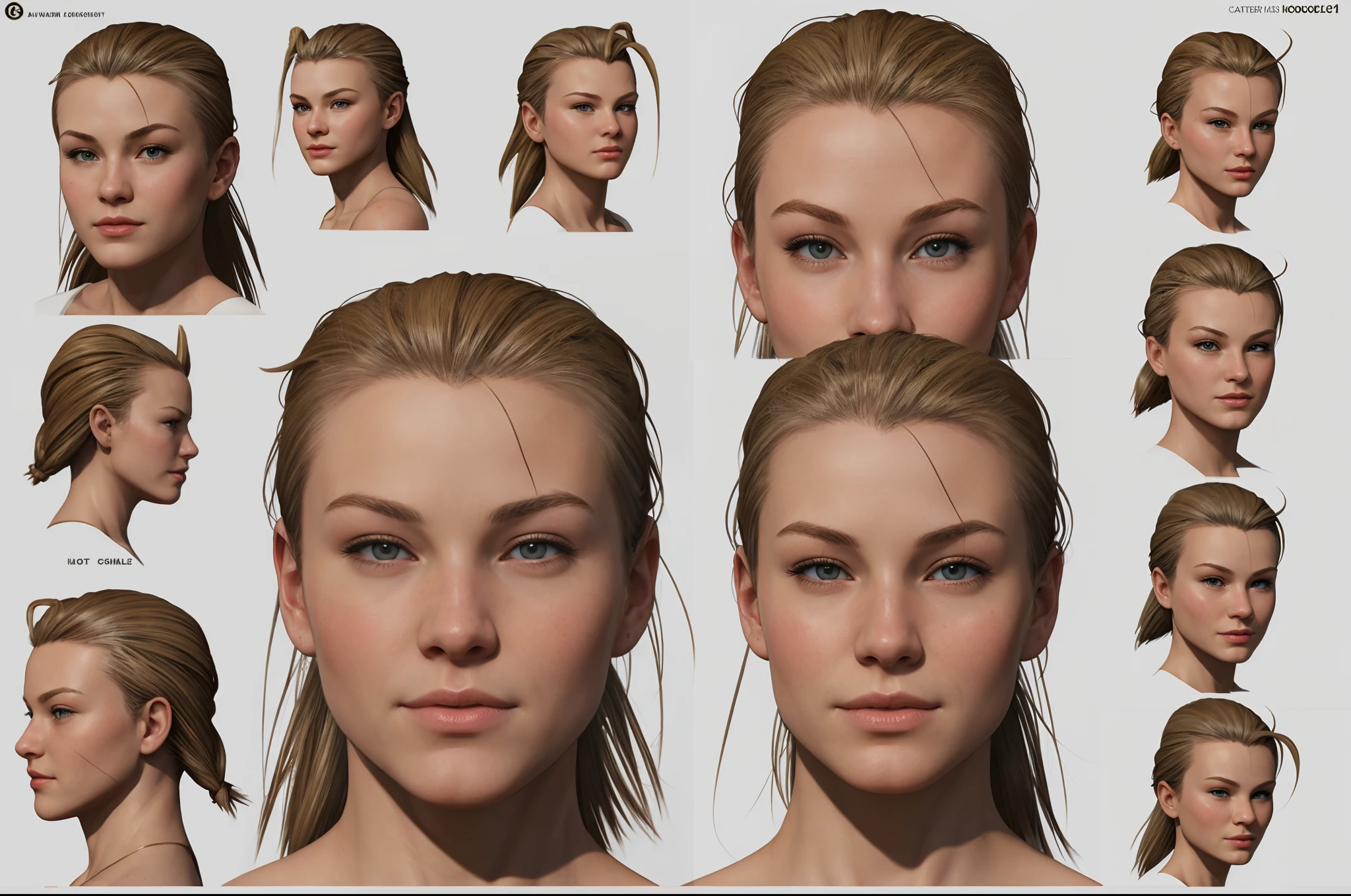 cammy white headshot, correct proportions, skin detail, multiple perspectives model sheet, model sheet, multiple perspectives reference sheet, reference sheet, facial expressions