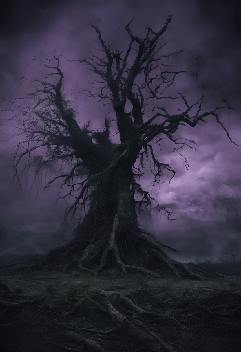A giant, menacing tree, with branches twisted and contorted like skeletal fingers, dominates an apocalyptic landscape. The sky is covered in sickly greens and purples, casting an eerie glow over the abandoned ruins. The scene is drenched in heavy shadows, enhancing the foreboding atmosphere of this macabre masterpiece. --ar 3:2
