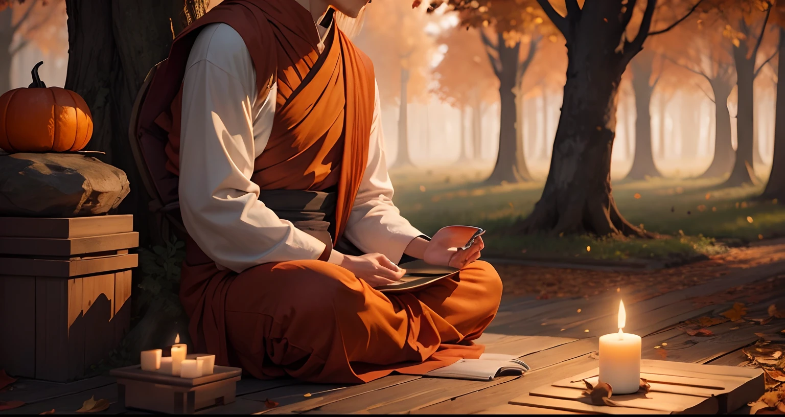 meditating monk in front of autumn trees with tea leave candles