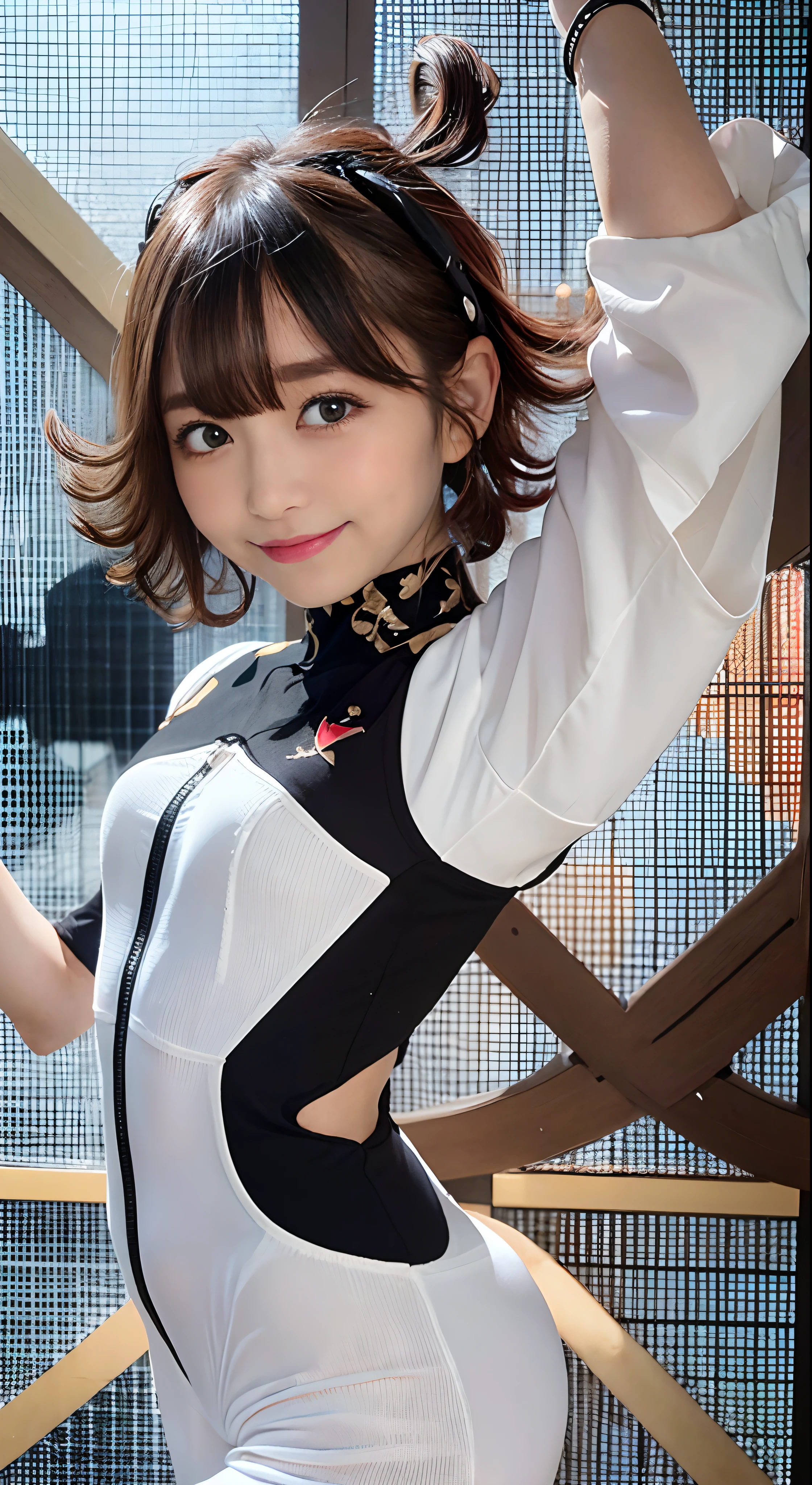 Hikimayu round eyelashes, Small Skin Dance (Dekaahoge) (Black big hair) Hairline (Half smooth back hairstyle) (Pulling the hair back) Asymmetrical bangs dark brown hair short hair big hair messy hair lip hair, Dark Red Bodysuit White Jumpsuit,A smile、Sletta Mail、a smile