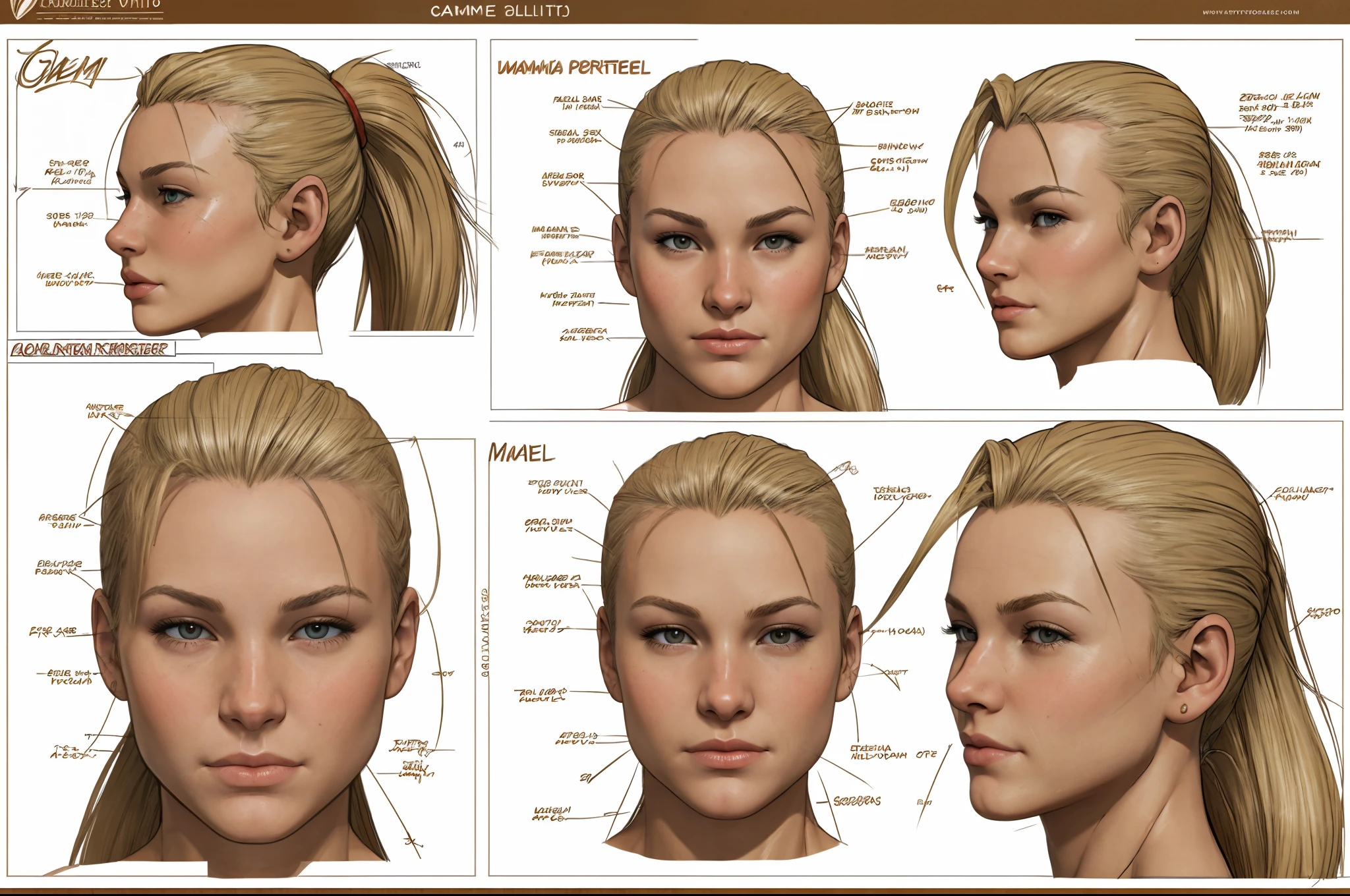 cammy white headshot, correct proportions, skin detail, Mediterranean tan, multiple perspectives model sheet, model sheet, multiple perspectives reference sheet, reference sheet, facial expressions, facial expressions reference sheet