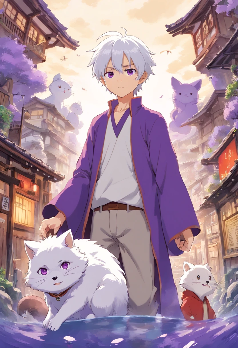 Create an anime-style illustration of a small, Tontata-style man with intricate details. The man should have (((white hair))), (((purple eyes))), and a playful, raccoon-like tail. Emphasize his small stature and whimsical appearance. Ensure the artwork is of (((high-quality))) and (((extreme detail))). Bring out the unique charm of this character with the choice of colors and textures. Incorporate a sense of wonder and curiosity in his expression. Three related artists for this style are Hayao Miyazaki, Mamoru Hosoda, and Studio Ghibli."