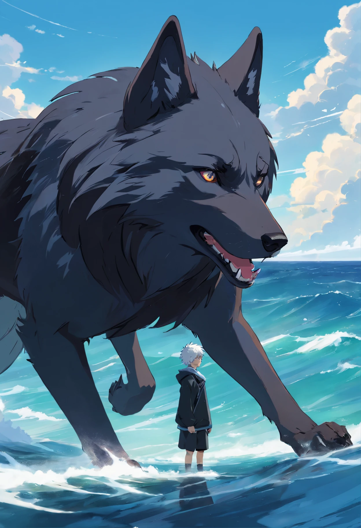 A very large black wolf is in front of him a boy with white hair and black clothes on top of the ocean