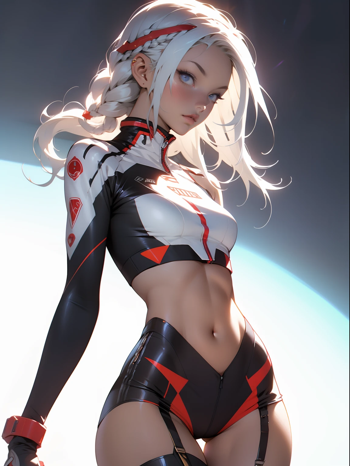 ((Best quality)), ((masterpiece)), (detailed: 1.4), (Absurd), War-ready female fighter pilot with military bikini, Marine, dark skin, defined sculpted body, full body, bare thighs, closed mouth, cyberpunk, semi naked, generous neckline, ((perfect medium breasts)), (super light blue eyes without pupils), (((military camouflage bikini)), (((white hair with braid)))), long eyelashes heavy makeup, garter belt, by mucha, niji --V5, close to real, psychopathic, perfect face, sexy pose, background with a giant head evangelion, 2 piece clothing, pastel, centered, scale to fit the dimensions, HDR (High Dynamic Range),Ray Tracing, NVIDIA RTX,Super-Resolution,Unreal 5,Subsurface Dispersion, PBR Texture, exposed belly, Post-processing, Anisotropic filtering, Depth of field, Maximum clarity and sharpness, Multilayer textures, Albedo and specular maps, Surface shading, Accurate simulation of light-material interaction, Perfect proportions, thigh gap, Octane Render, Two-tone lighting, Wide aperture, Low ISO, White balance, Rule of thirds, 8K RAW, crysisnanosuit bikini, thigh gap, nice hips, bikini panties, perfect legs