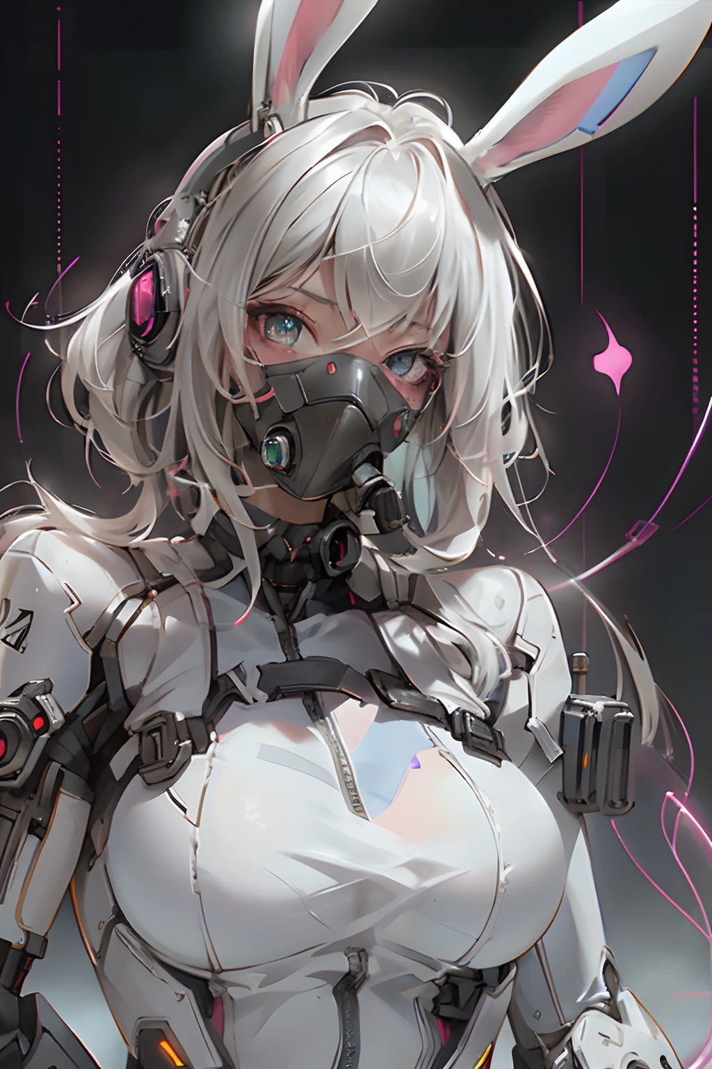 ((beste-Qualit)),Fille cyborg dans le style cyborg，cheveux gris，Coiffure longue queue de cheval，Wear headphones in the shape of rabbit ears and a gas mask，The gas mask has a green light on the surface，dressed in a white suit，There are long strips of pink light on clothes，yeux roses，（Gant noir）gros seins, generous breast, The left hand is a mechanical prosthesis，The main body is connected by wires and pipes， ((tmasterpiece)), (The detail:1.4), 3d, A beautiful cyberpunk female image,Hdr（HighDynamicRange）,Ray tracing,NVIDIA RTX,Super-Resolution,Unreal 5,Diffusion souterraine、PBR Texture、post-traitement、Anisotropy filtering、profondeur de champs、Maximum definition and sharpness、Multi-channel textures、Albedo e mapas Speculares、Coloration de surface、precise simulation of light-material interactions、proportions parfaites、Rendu octane、two-color light、grande ouverture、ISO faible、Balance des blancs、the rule of thirds、8K RAW、