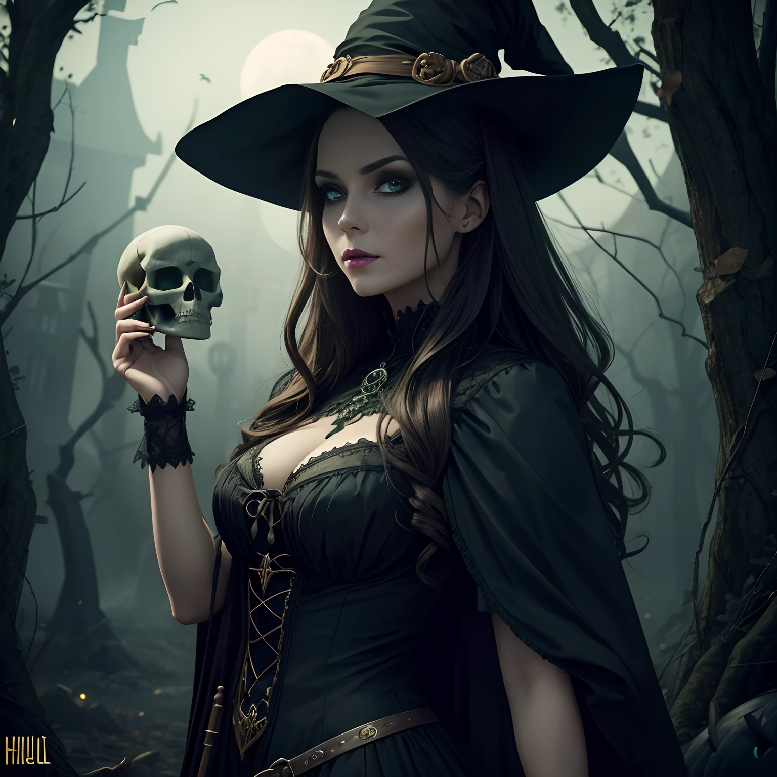 a 200-year-old witch with long black hair,a powerful villain,magic flowing from her hands,dark mysterious aura,eerie green glowing eyes,tattered black robe,skeletal fingers,gnarled hands,haunting atmosphere,dramatic lighting,cinematic composition,dark fantasy,supernatural,highly detailed,photorealistic, big breasts, sagging breasts, "looking at the viewer", "front view"