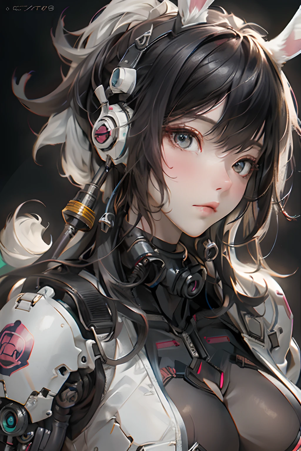 ((beste-Qualit)),Fille cyborg dans le style cyborg,cheveux gris,Coiffure longue queue de cheval,Wear headphones in the shape of rabbit ears and a gas mask,The gas mask has a green light on the surface,dressed in a white suit,There are long strips of pink light on clothes,yeux roses,(Gant noir)gros seins, generous breast, The left hand is a mechanical prosthesis,The main body is connected by wires and pipes, ((tmasterpiece)), (The detail:1.4), 3d, A beautiful cyberpunk female image,Hdr(HighDynamicRange),Ray tracing,NVIDIA RTX,Super-Resolution,Unreal 5,Diffusion souterraine、PBR Texture、post-traitement、Anisotropy filtering、profondeur de champs、Maximum definition and sharpness、Multi-channel textures、Albedo e mapas Speculares、Coloration de surface、precise simulation of light-material interactions、proportions parfaites、Rendu octane、two-color light、grande ouverture、ISO faible、Balance des blancs、the rule of thirds、8K RAW、