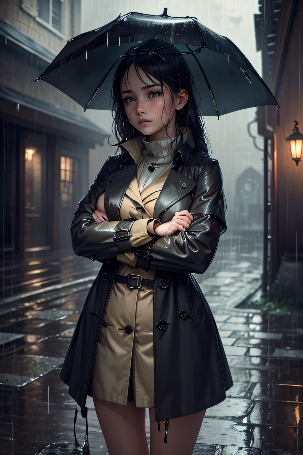 (Masterpiece:1.2, Best quality), (Real picture, Intricate details), (during night, Dark, heavy rain poured:1.4) There was no one in the alley, the surroundings were silent, Only raindrops splashed on the tiled eaves of low houses, Near and far;, making a slight rustling sound. In the cold rain, (1girll, Wet trench coat, Sad, Perfect eyes:1.2) are standing,Fold your arms over your chest,8K