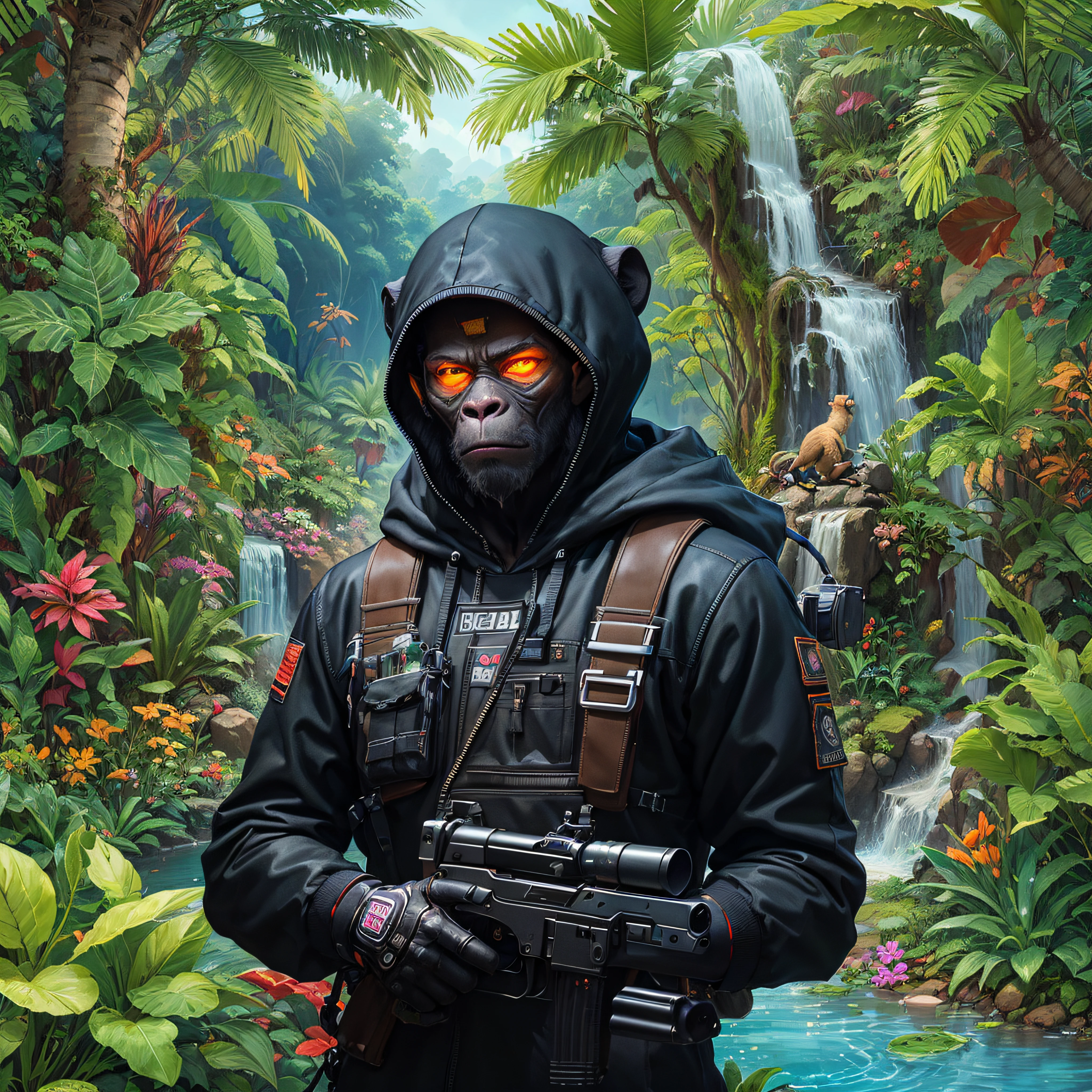 there is a man in a black outfit with a gun in his hand, cyber monkey in the scifi forest, 4k detailed digital art, 4k highly detailed digital art, beeple and tim hildebrandt, cyberpunk in foliage, concept art wallpaper 4k, 8k hd wallpaper digital art, wallpaper 4k, wallpaper 4 k, cover game art