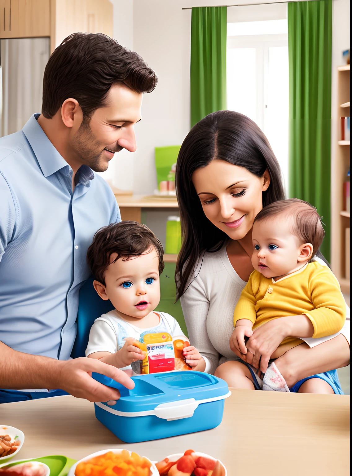 Realistic image to use as a book cover! Mother and Father, giving  food, to a children's house, children's ages between 1 and 3 year