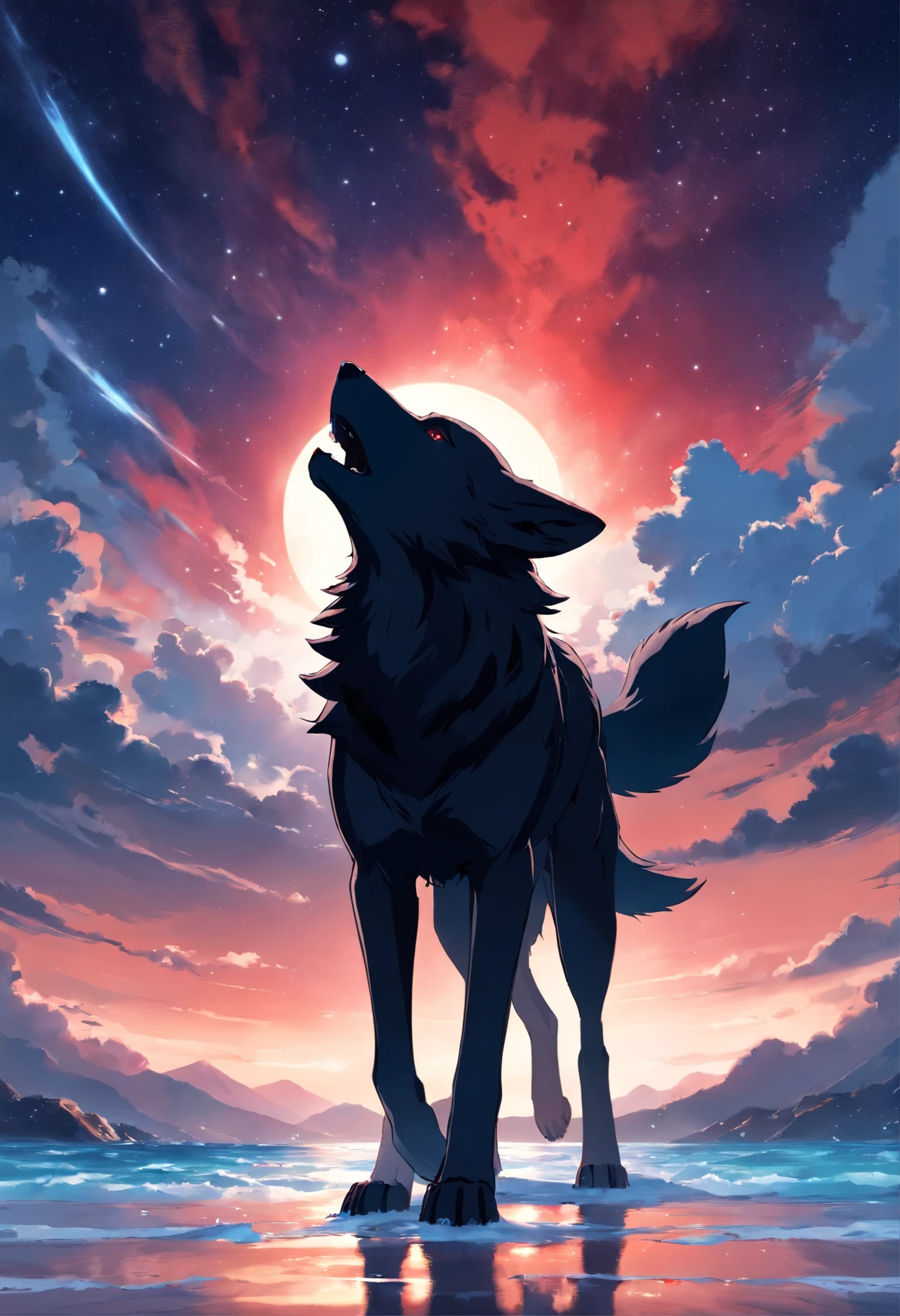 A very large black wolf is in front of you, A boy with white hair and black clothes on top of the red ocean in the starry sky at night