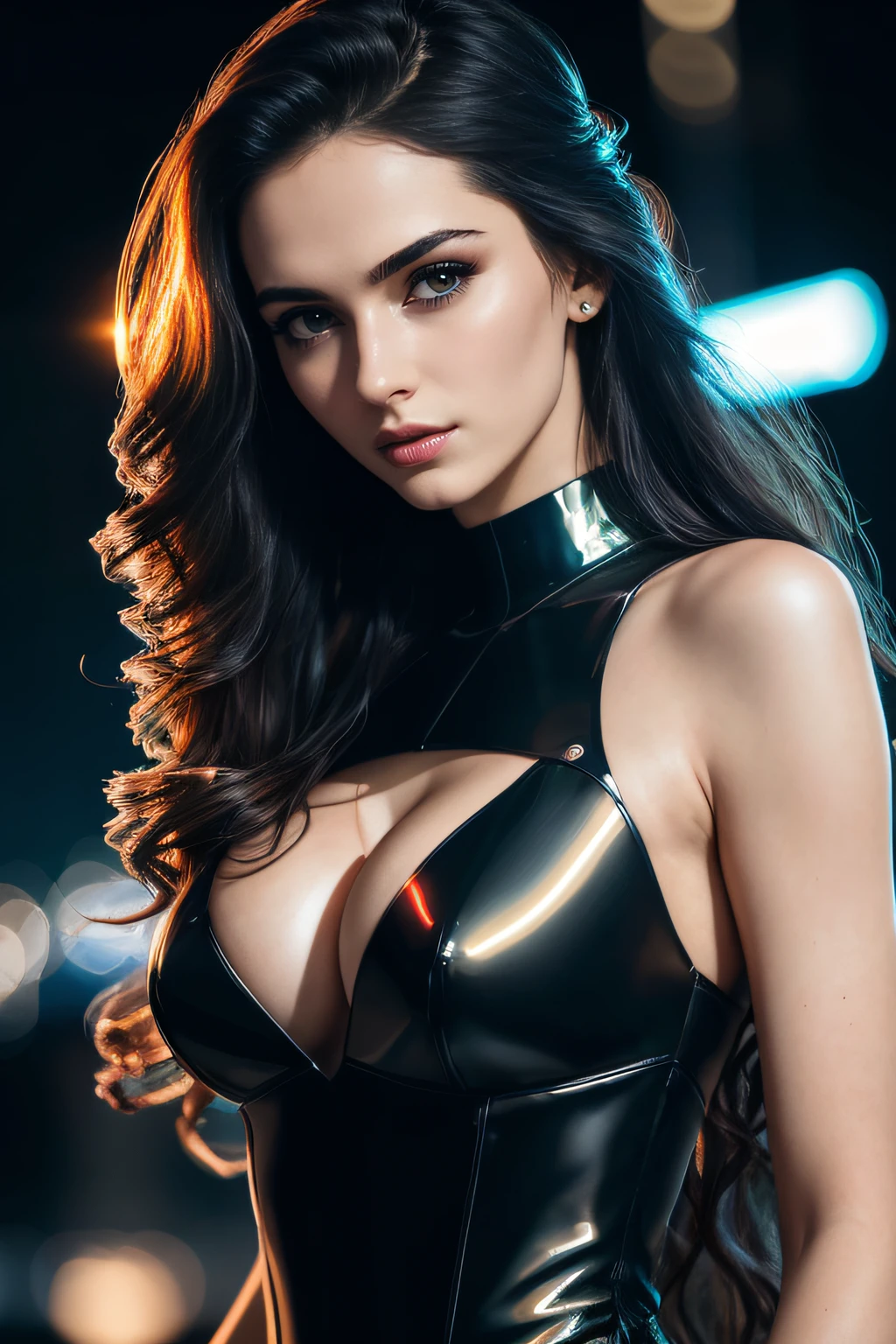 amoled ultra realistic photograph of a 25 years old european girl, RAW, beautiful woman, (extra long wavy black hair), ((portrait)), ((detailed face:1.2)), ((detailed facial features)), (finely detailed skin), pale skin, (high detailed deep cleavage cyberpunk steel dress), black background, (cold colors), damp, moist, reflections, (masterpiece) (perfect proportion)(realistic photo),(best quality), (detailed), (amoled neon lighting), (sharp focus) (intricate)