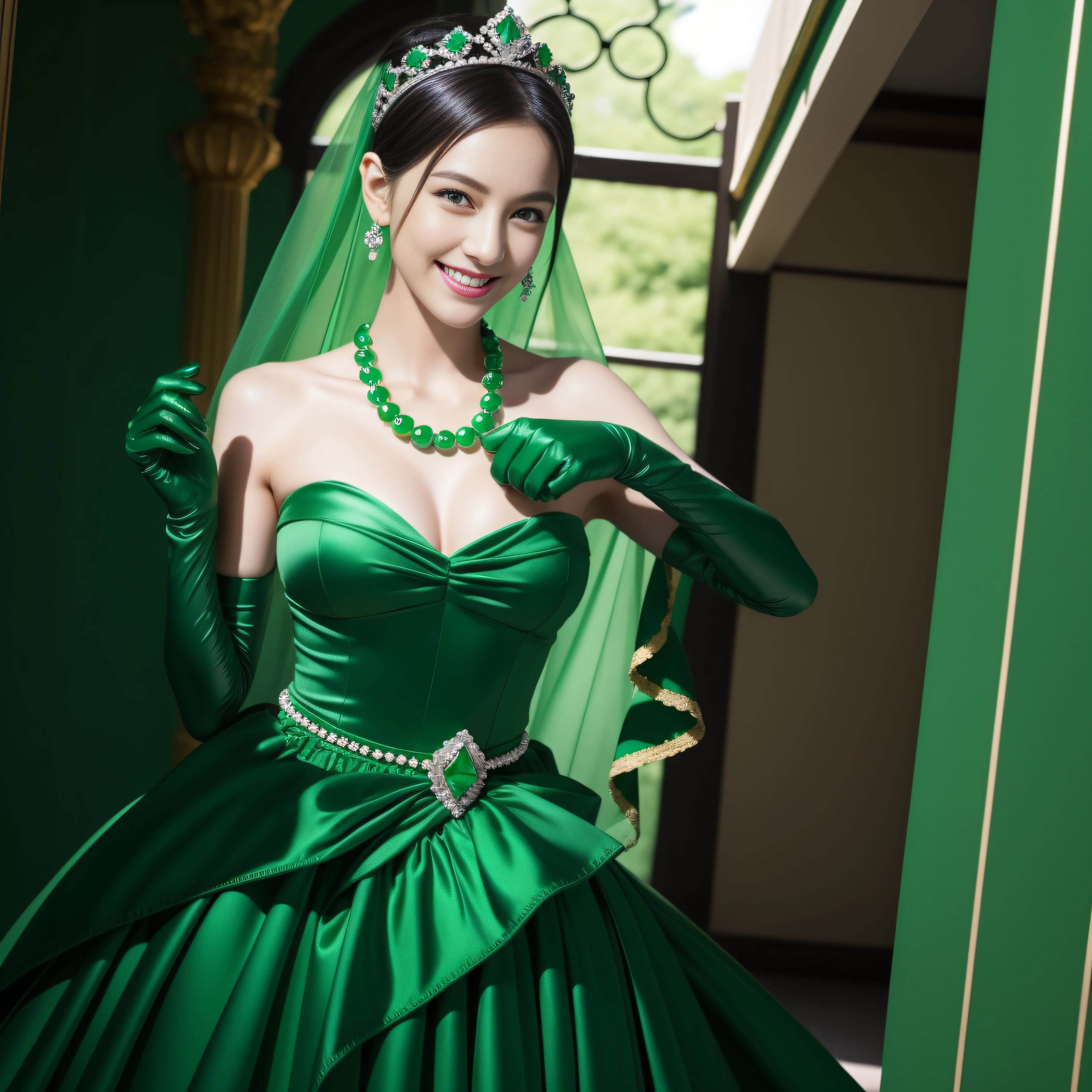 emerald tiara, Green Pearl Necklace, Boyish very short black hair, lipsticks, Japan woman smiling, very short short hair, big breasts beautiful, Green eyes, Long green gloves made of satin material, Green eyes, Emerald Earrings