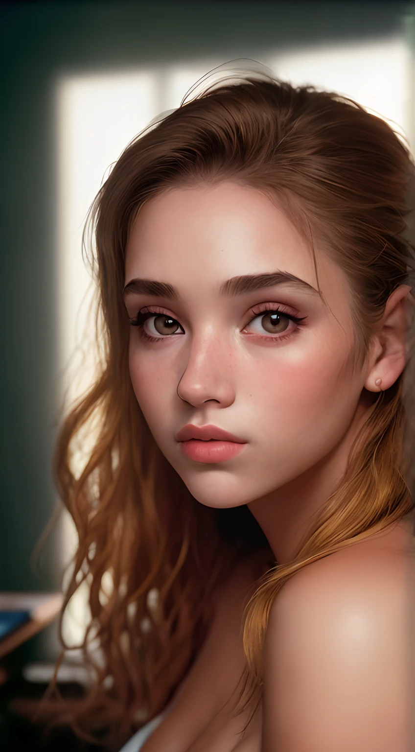 (gros plan, editorial photograph of a 21 year old woman), (Face a little detailed:1.4) (Froncement de sourcils :0.7) (Background inside a lighted room, private study:1.3) POV, Par Lee Jeffries, Nikon D850, Photographie de film ,4 Kodak Portra 400 ,camera f1.6 lentilles ,couleurs riches , Realstic ,lifelike texture, Clean lighting , Cinestill 800,