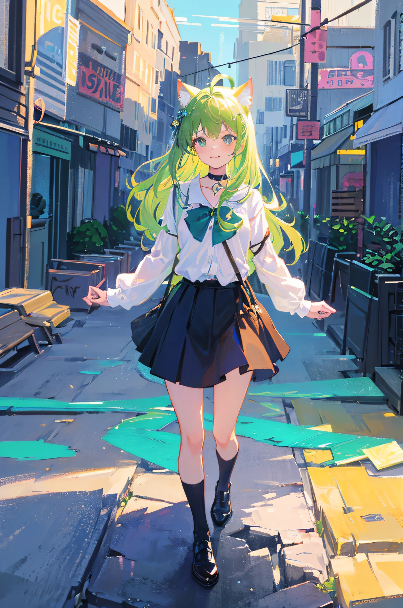 1 girl, Original image, (Glitter), Solo, (gradation hair: 1.6), ((Long hair: 1.4)), Happiness, (White blouse, Brown Bubble Skirt: 1.2), pastel color, Fantasy World, Art Nouveau, Alphonse Mucha, Cute Girl, Ad Tech, Colorful Symbols, a hologram, Science fiction, Mioha, Green hair, Cat ears, One cat's tail, Long hair, Green eyes, Ahoge, choker necklace, medium breasts⁩, Black Foot Wear,Running sideways [(white backgrounid:1.5),::5] hexagonal shaped