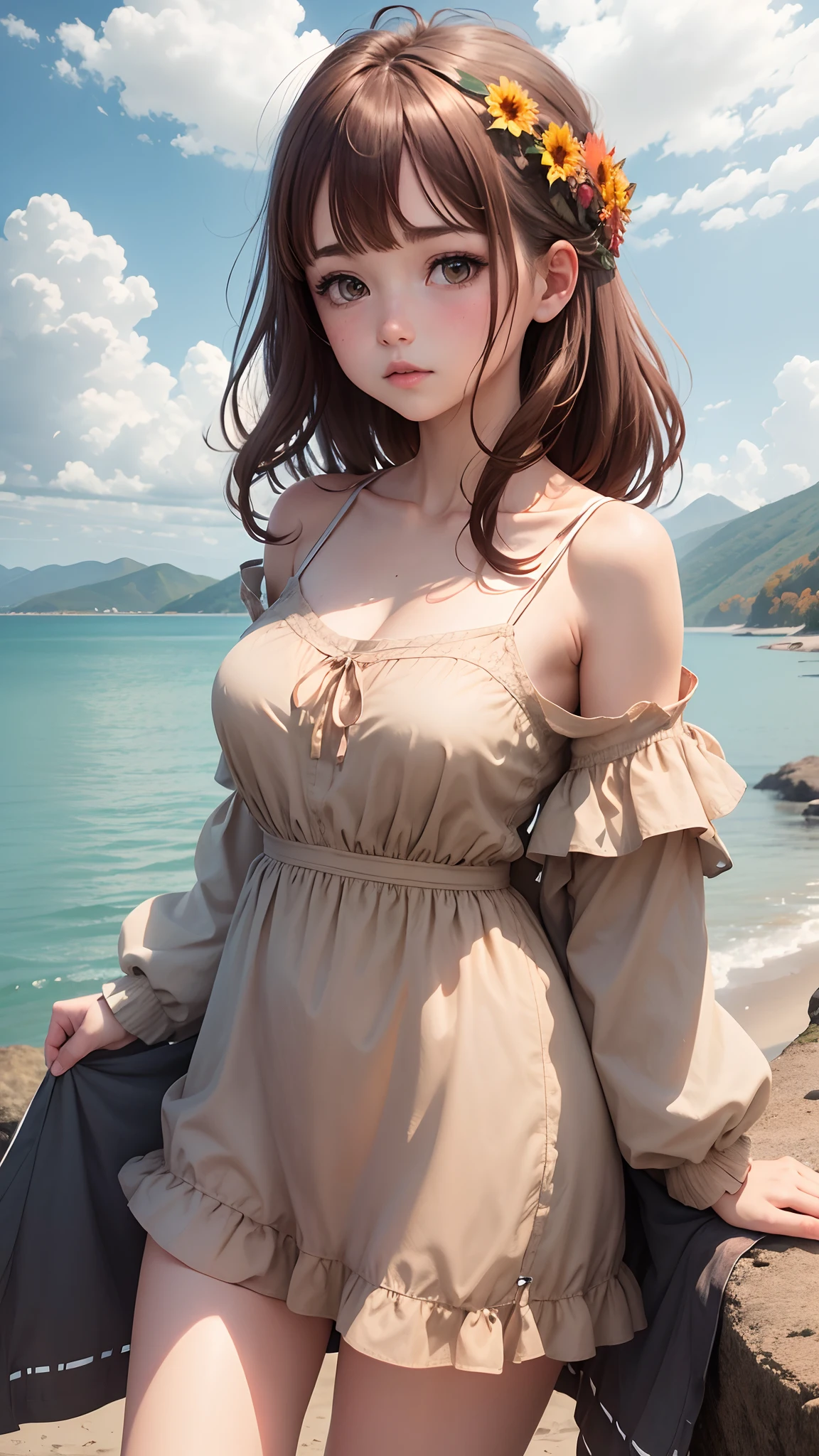 1girl, autumn, autumn_leaves, bangs, beach, blue_sky, blush, breasts, brown_hair, closed_mouth, cloud, cloudy_sky, collarbone, day, dress, field, flower, flower_field, horizon, lake, leaf, looking_at_viewer, mountain, mountainous_horizon, ocean, outdoors, ...