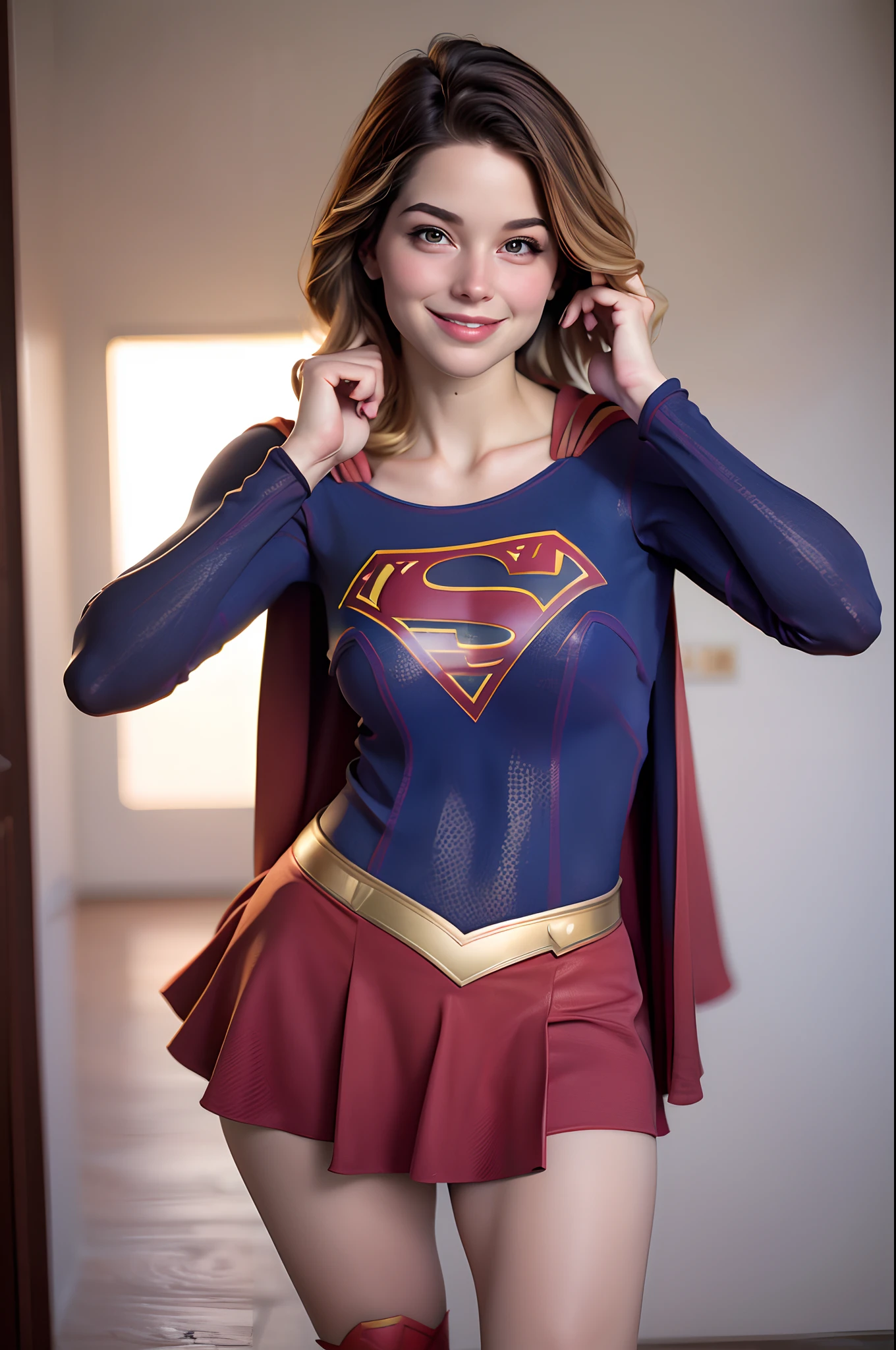 ((best quality)), ((highly detailed)), masterpiece, absurdres, (detailed eyes, deep eyes), (1girl), dutch_angle, upper body, Supergirl, brown hair, long hair, blue eyes, medium breasts, smiling, red skirt, red cape, red boots, skindentation,  