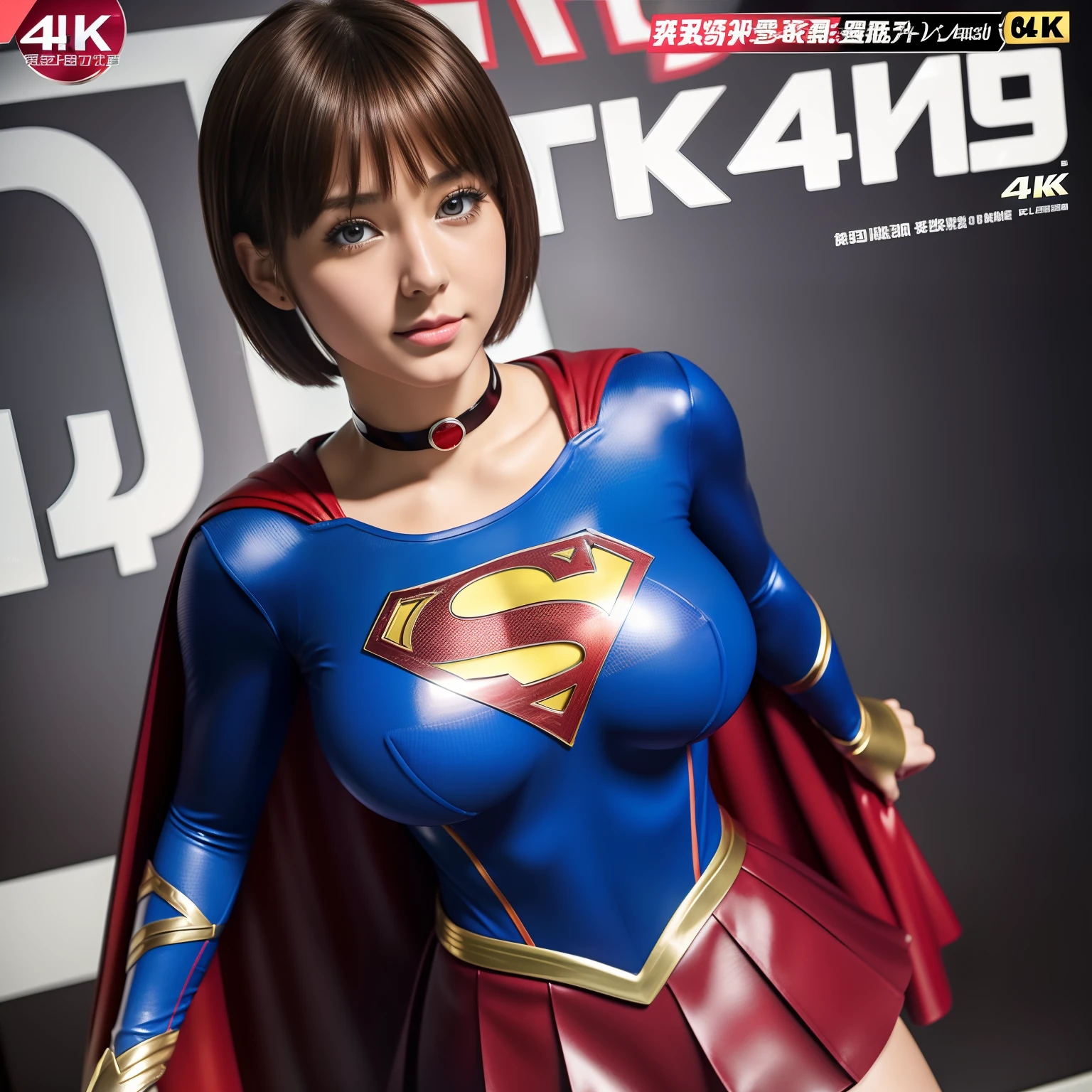 (Best Quality,4K,8K,hight resolution,masutepiece:1.2),Ultra-detailed,Realistic:1.37,Super masterpiece,Short-haired Supergirl、large full breasts、Looking at the camera、Glossy costume、a choker、Too short miniskirt、Magazine covers、tabloid
