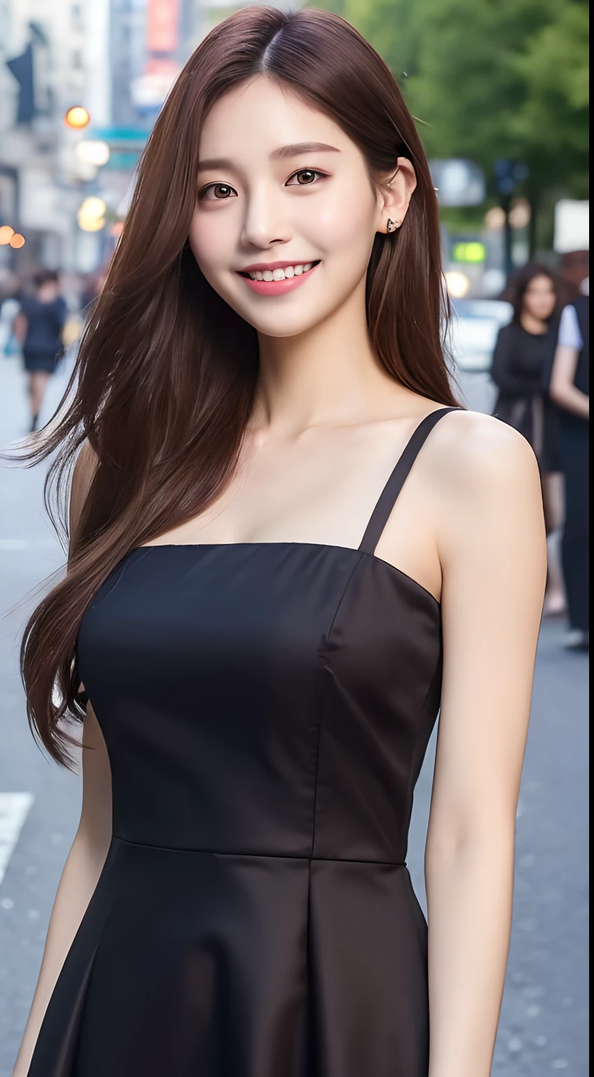 ((Best quality, 8k, Masterpiece :1.3)), 1girl, smiling, full body, slim face, Pretty woman, (Dark brown hair), full length dress :1.1, Ultra-detailed face, Detailed eyes, Double eyelid, blur background, slim face, city, outside, street,