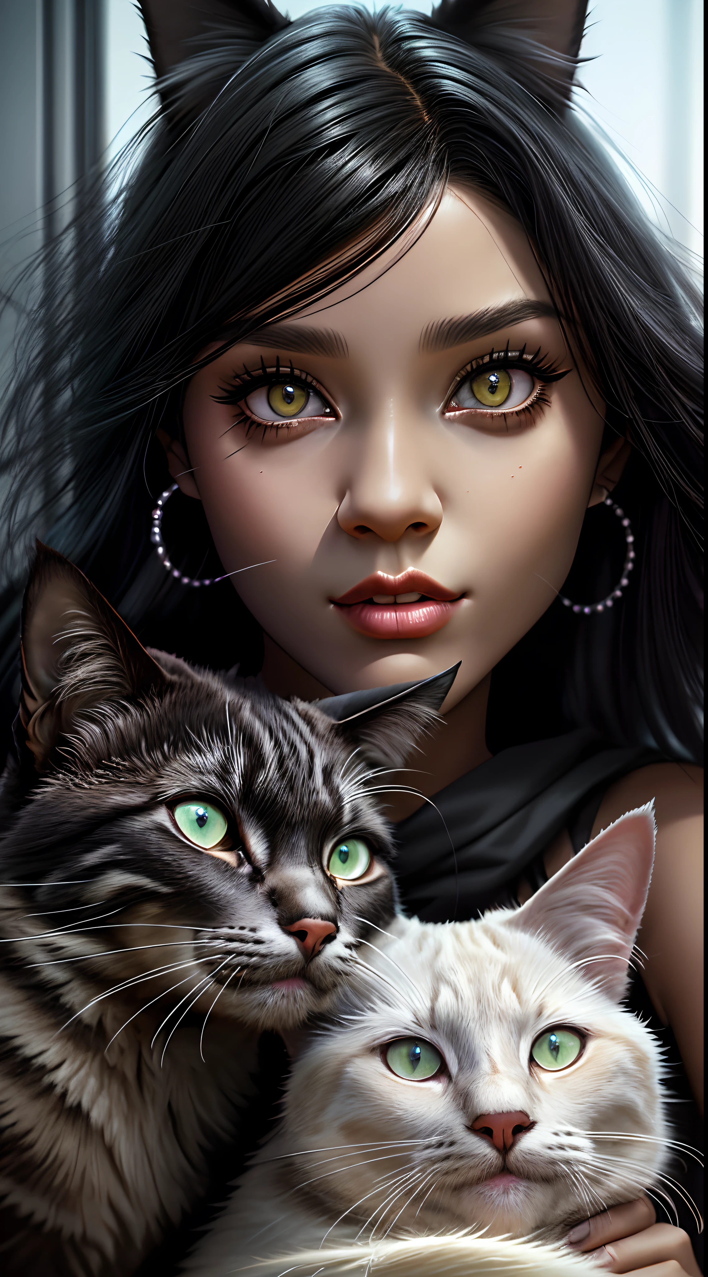 Mulher arafed com cabelo preto longo segurando um gato preto, mulher e gato, Woman / cat hybrid, cabelos pretos e olhos grandes, gatinha jovem bonita, gato atraente, gato preto, cara bonito. fantasia sombria, arte realista, retrato de alta qualidade, beautiful portrait, arte digital ultra realista, gatos pretos, mulher linda, Por Irakli Nadar