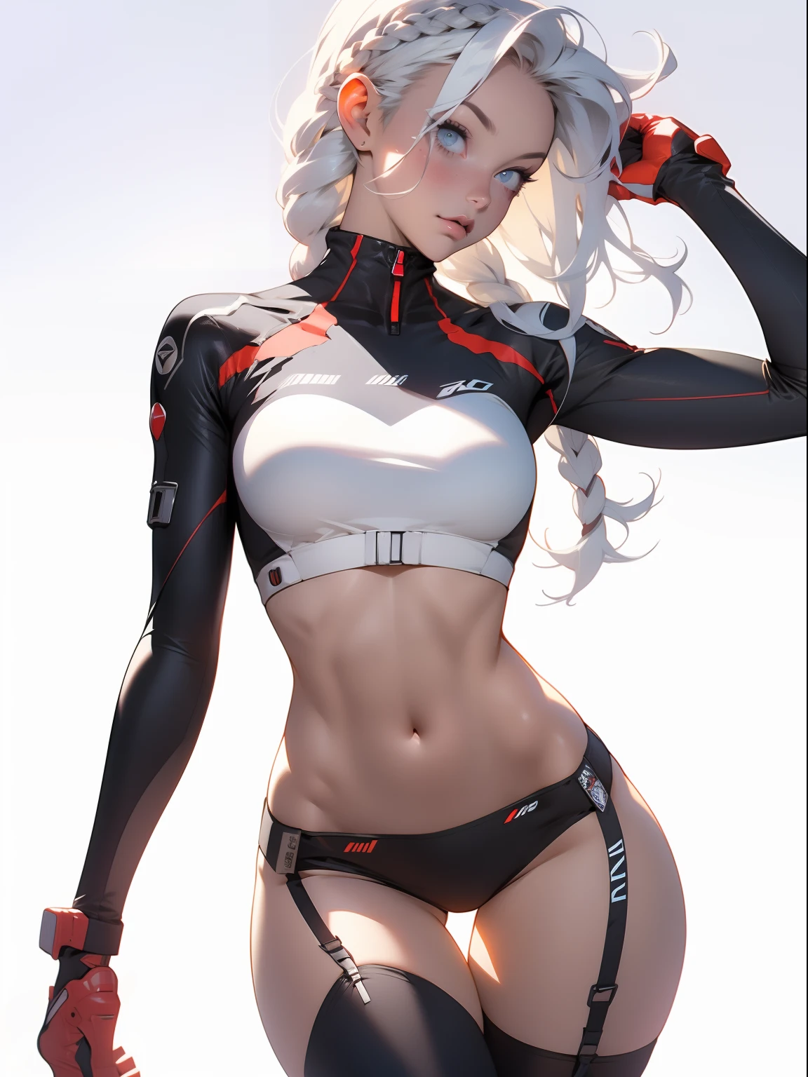 ((Best quality)), ((masterpiece)), (detailed: 1.4), (Absurd), War-ready female fighter pilot with military bikini, Marine, dark skin, defined sculpted body, full body, bare thighs, closed mouth, cyberpunk, semi naked, generous neckline, ((perfect medium breasts)), (super light blue eyes without pupils), (((military camouflage bikini)),  (((white hair with braid)))), long eyelashes heavy makeup, garter belt, by mucha, niji --V5, close to real, psychopathic, perfect face, sexy pose, background with a giant head  evangelion, 2 piece clothing, pastel, centered, scale to fit the dimensions, HDR (High Dynamic Range),Ray Tracing, NVIDIA RTX,Super-Resolution,Unreal 5,Subsurface Dispersion, PBR Texture, exposed belly, Post-processing, Anisotropic filtering, Depth of field, Maximum clarity and sharpness, Multilayer textures, Albedo and specular maps, Surface shading, Accurate simulation of light-material interaction, Perfect proportions, thigh gap, Octane Render, Two-tone lighting, Wide aperture, Low ISO, White balance, Rule of thirds, 8K RAW, crysisnanosuit bikini, thigh gap, nice hips, bikini panties, perfect legs, synthwave bikinis