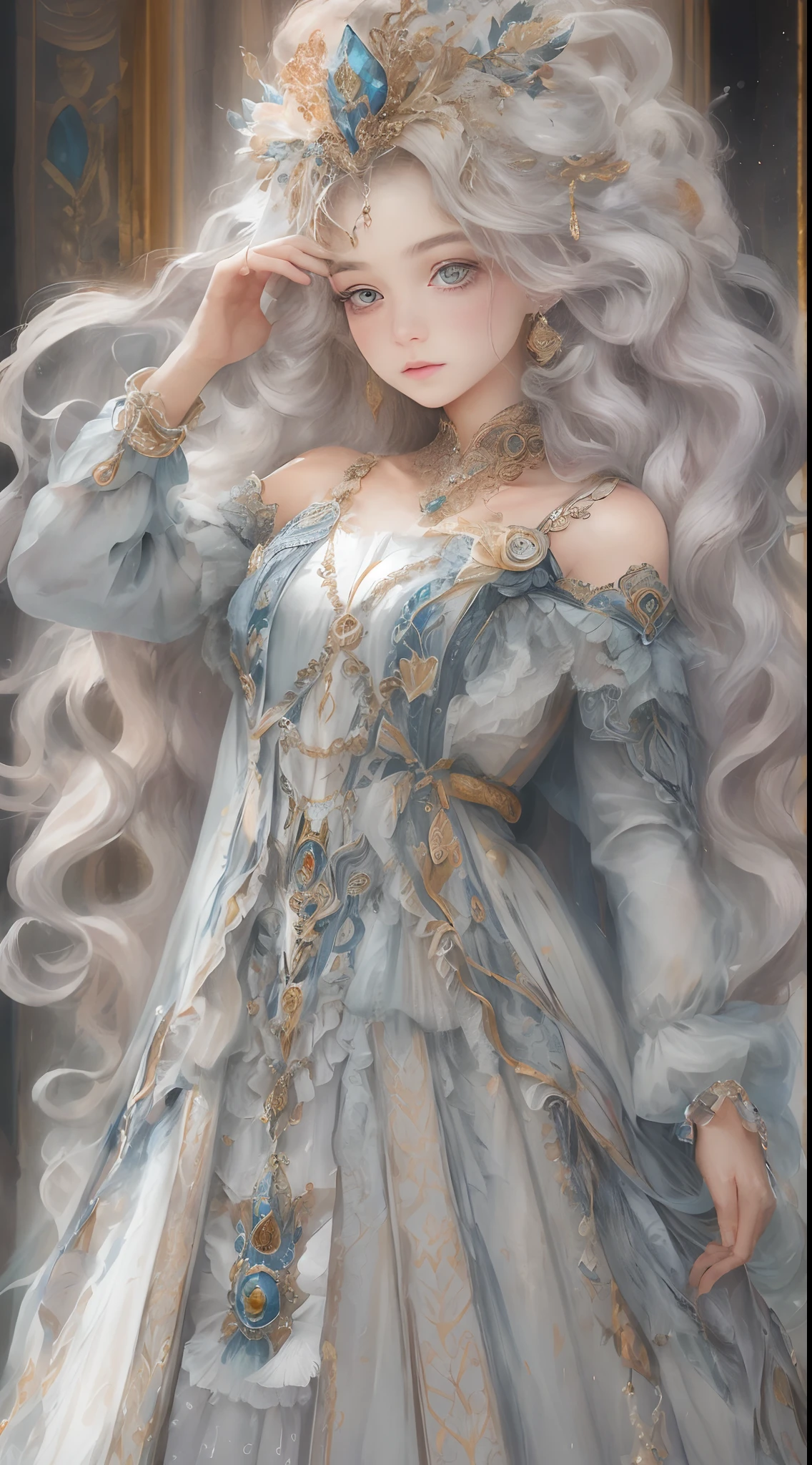 (Best quality, 4K, 8K, A high resolution, Masterpiece:1.2), Ultra-detailed, Realistic portrait of the upper body of an 18 year old aristocratic girl, Exquisite facial features,Clear and shiny eyes,Long curly hair details expressed, The posture is leisurely and natural,Graceful posture, The golden ratio of the head and body,Dreamy atmosphere, expressive brush strokes, mystical ambiance, Artistic interpretation,Delicately coiled hair,Floral filigree crystal diamond jewelry,Ultra-extreme detail,Exquisite details,Fresh aesthetics,Stunning intricate costumes, Fantasy illustration, Subtle colors and tones, mystical aura,The details have been upgraded