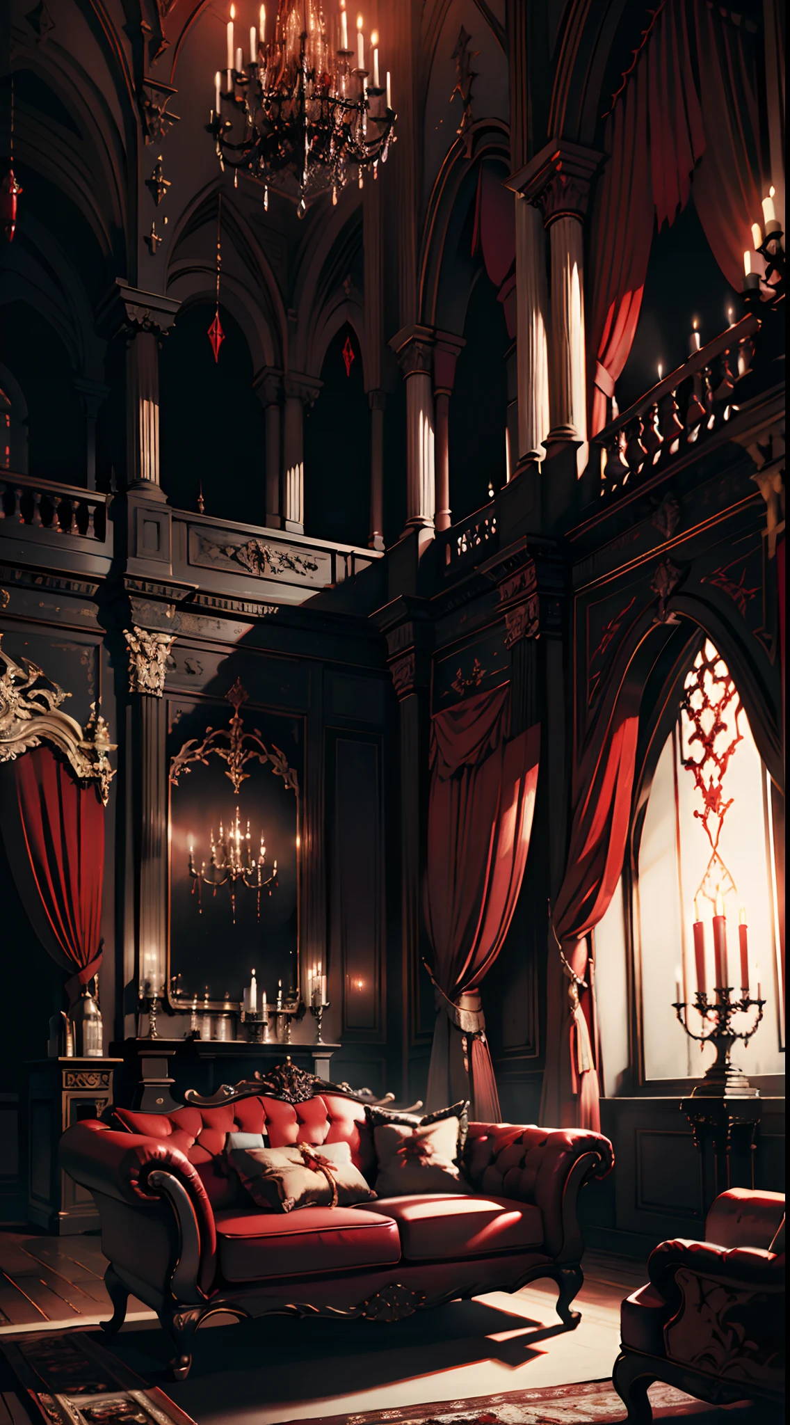 Photography, red sofa, tea table, Gothic living room, Gothic, Dim light, Gargoyles, Dark curtains, waxy candles, Satan painting, decorations, wooden floor, dawn, dark night