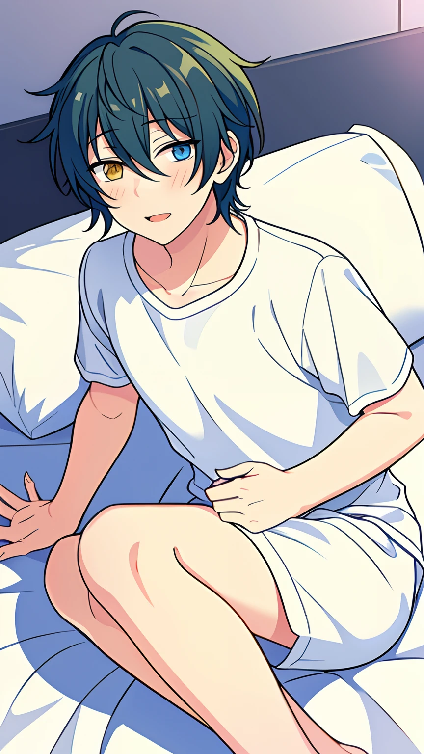 very thin cute boy wearing only very short white tight swimming trunks, Shy. Lying in bed, side view