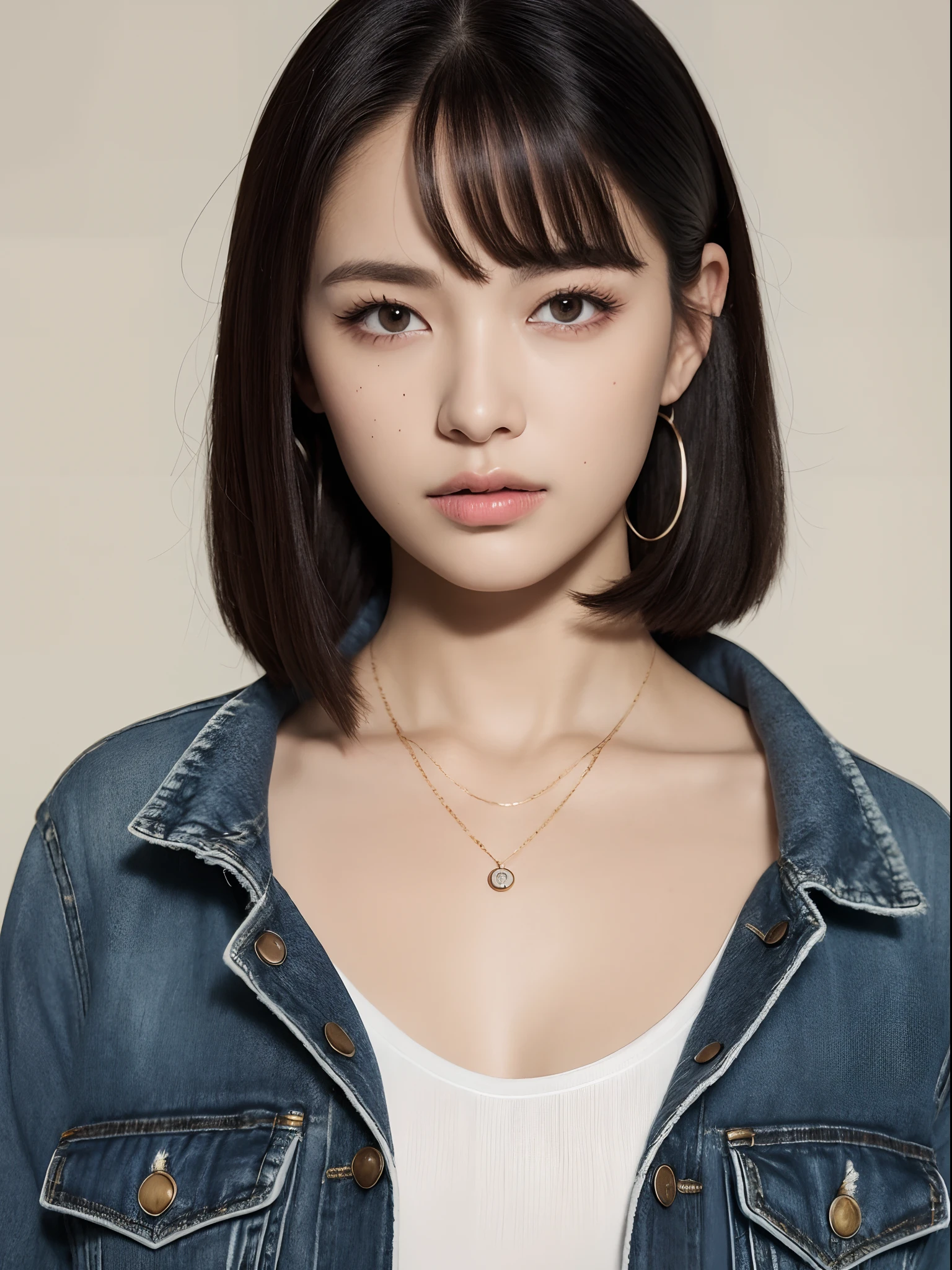 top-quality:1.3、​masterpiece、hight resolution、［1 girl in］、｛独奏｝、fully body photo、((Photorealsitic):1.1)、Real person、Photo of a seductive woman with loose style of black hair, portlate、Pose in the room, tedium, mascara, ,(Textured skin, Skin pores:1.1), (Mole:0.8), (Imperfect skin:1.1) intricate detailes, goose bumps, face perfect, (hitornfreckles:0.9), , (Unripe, 8K:1.2), murky, Subdued Color,、Detailed skin、japanes、thin bunches of bangs、Bery short hair、denim jackets、White T-shirt underneath、denim pant、catchlight、piercings、a necklace、white walls