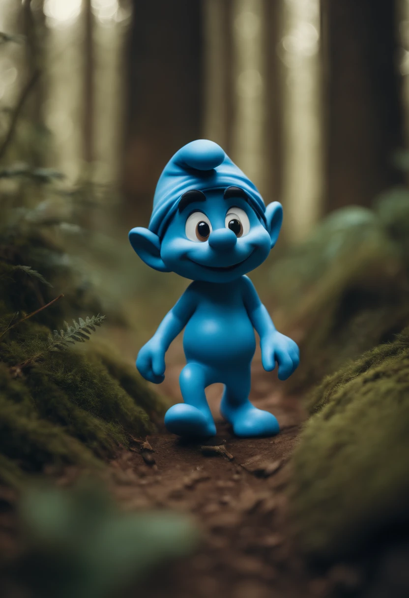 realistic smurf with cat face walking in the forest