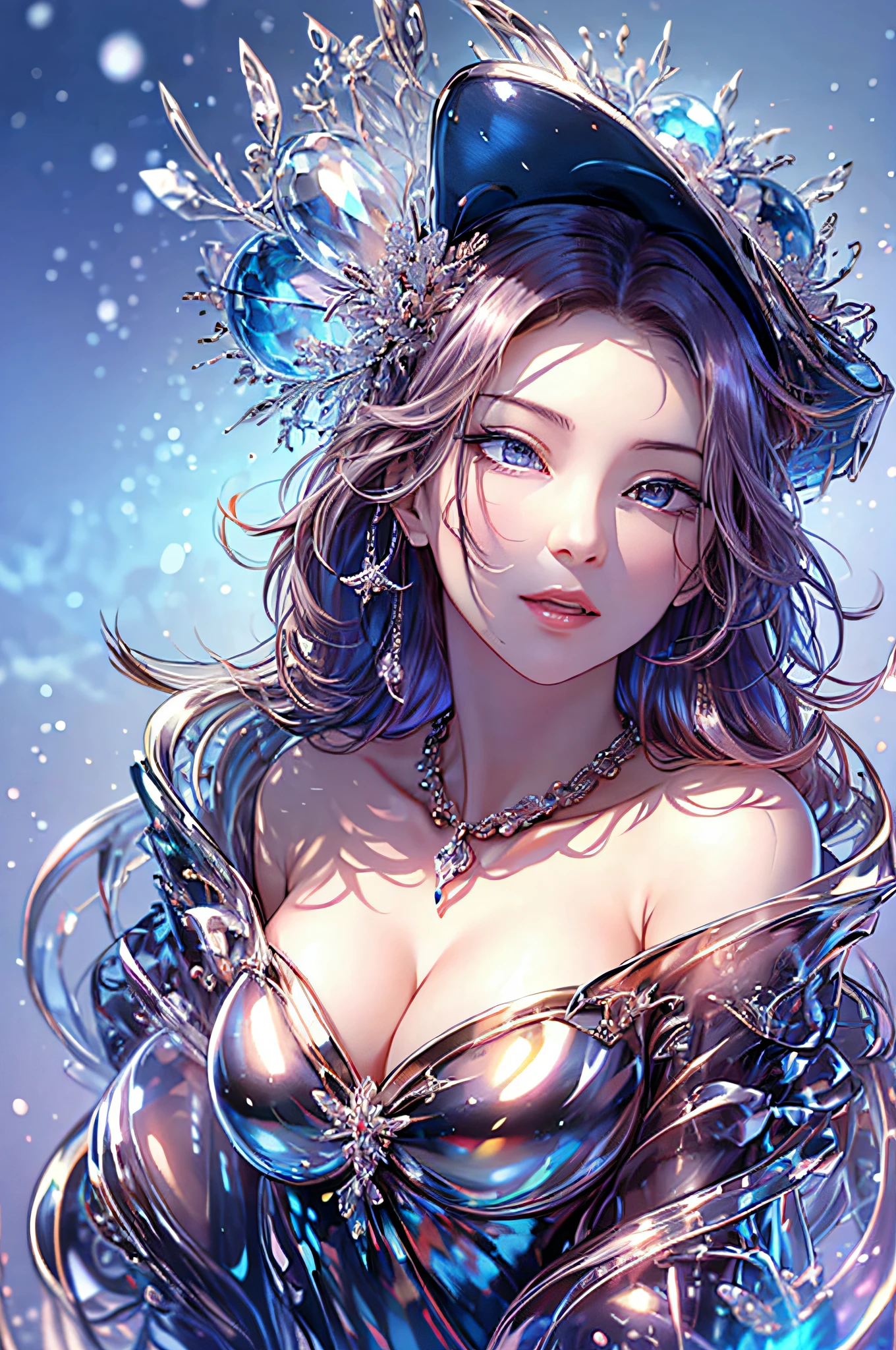 tmasterpiece,alta resolução,((Magic Orb)),Dynamic bust of the beautiful aristocratic maiden,Cabelo castanho castanho elegantemente enrolado,((Wearing a huge blue hat)),roxo olhos claros,The hair is covered with a beautiful and delicate floral craftsmanship, filigrana de joias de cristal,Detalhes ultra-detalhados,ampliado。