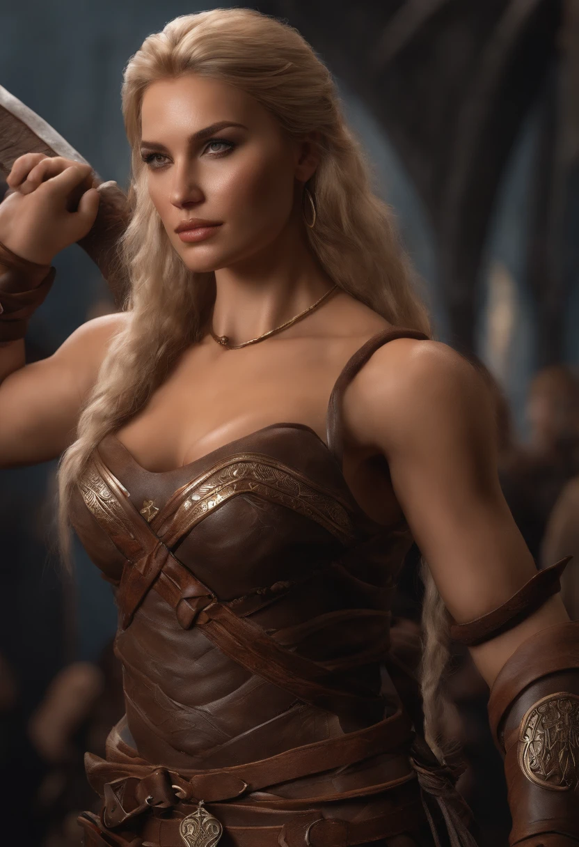 The Queen of the Valkyries, extremely gorgeous lady, pierced eyes, 45 years old Woman, a revered figure in Norse mythology, was known for her wisdom and strength. She was best remembered as the mother of Baldur, a radiant beacon who brought hope and light to the realms. The prompt asks for an image capturing her regal nature, grace, and maternal strength, surrounded by symbols of her power and connections to the divine. The image should hint at her role as Baldur's mother and depict her in a majestic setting showcasing the mythical realms of Norse mythology.