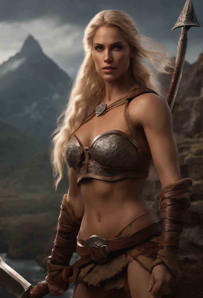 Barbarian Maidens in Dungeons & dragons, Blonde hair with long braids, Couro de corpo inteiro e armadura de pele sem metal, holding a spear, large muscles, dnd, in the style of realistic and hyper-detailed renderings,Dungeons and Dragons, 8k, Olhos detalhados, olhos perfeitos, epics , Dramatic , genial, corpo inteiroesbian , design e detalhes intrincados, dramatic lighting, hiper fotorrealismo, fotorrealista, cinemactic, 8k, Rosto detalhado, dramatic photo,Epic photo, corpo inteiro,selvagem,