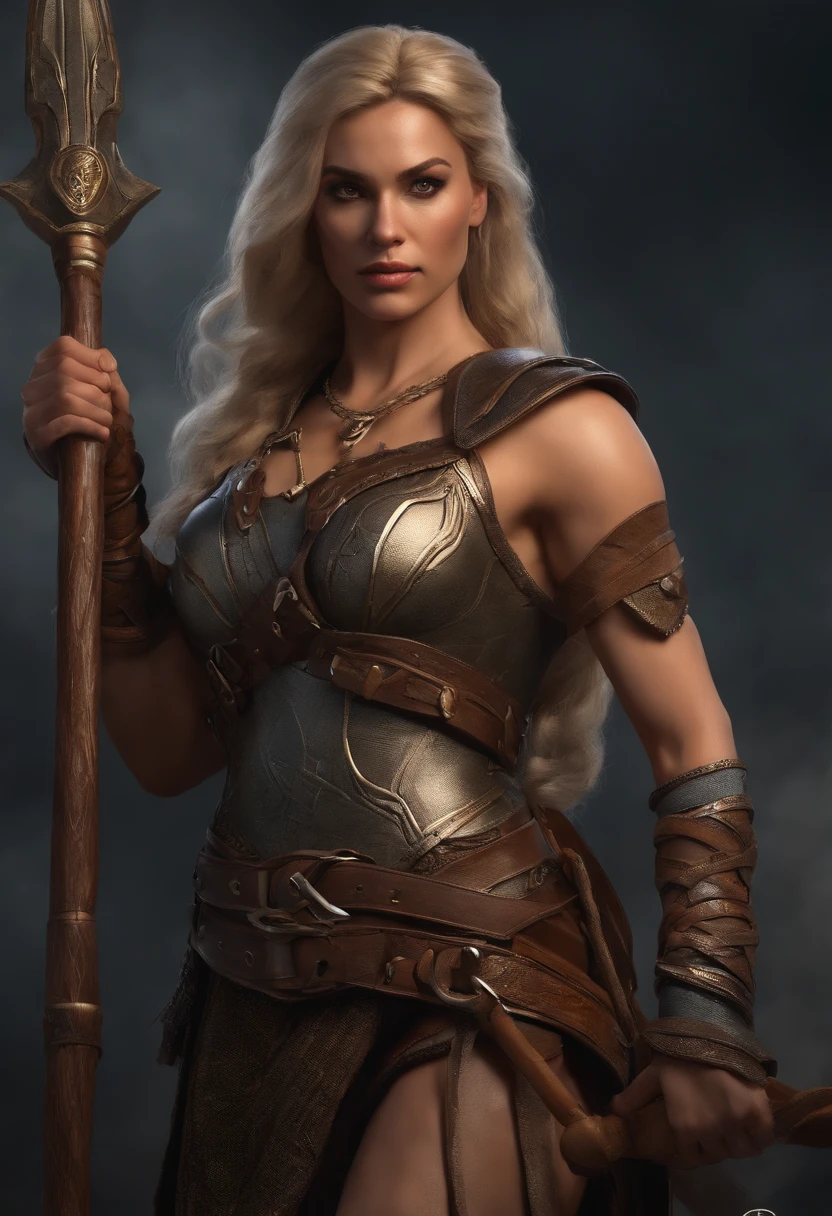 Barbarian Maidens in Dungeons & dragons, Blonde hair with long braids, Couro de corpo inteiro e armadura de pele sem metal, holding a spear, large muscles, dnd, in the style of realistic and hyper-detailed renderings,Dungeons and Dragons, 8k, Olhos detalhados, olhos perfeitos, epics , Dramatic , genial, corpo inteiroesbian , design e detalhes intrincados, dramatic lighting, hiper fotorrealismo, fotorrealista, cinemactic, 8k, Rosto detalhado, dramatic photo,Epic photo, corpo inteiro,selvagem,