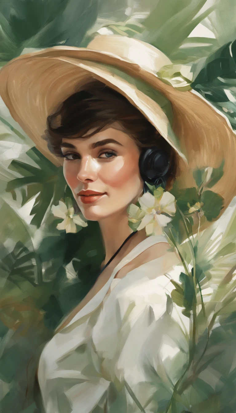 An illustration of a portrait of a beautiful white woman with black hair smiling, dressed with a green and white dress, wearing a straw hat, a sunny day in the background, a lot of details, Perfect centering, Wearing a jacke,With a round face,in green,florals,pentacle,Watches,, Wearing headphones, cheerfulness, Standing position, Abstract beauty, Centered, Looking at the camera, Facing the camera, Approaching perfection, Dynamic, Highly detailed, Smooth, Sharp Focus, 8K, hight resolution, Illustration, art by carne griffiths and wadim kashin, White background