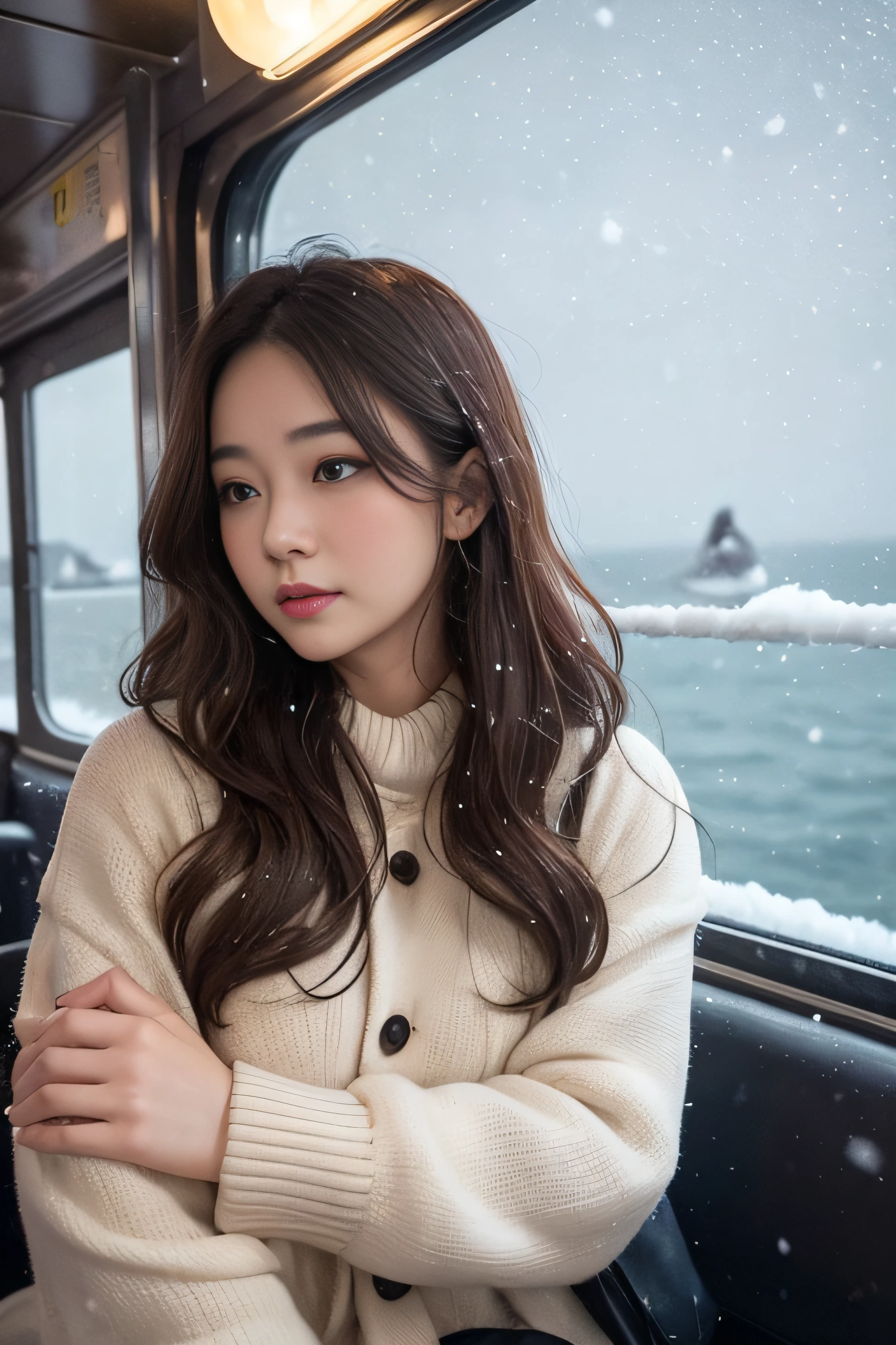 1womanl、late 20s age、(Strong-willed super beauty)、(ultra beautiful faces)、Wearing makeup、Wavy brown hair、Shallow depth of field、It's snowing since I got off the night train、Only the sound of the sea is heard、I also took the ferry alone、I was staring at the freezing seagull