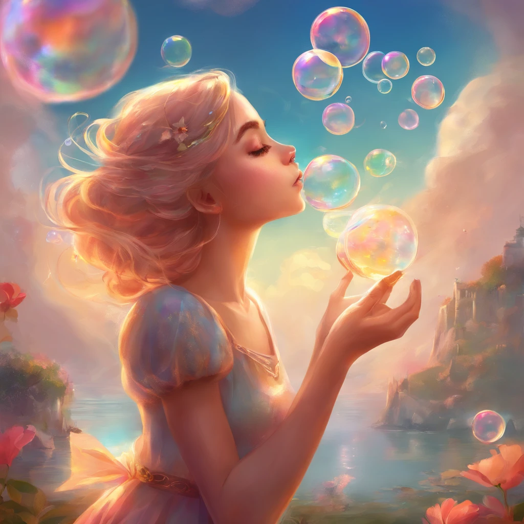 A girl blowing soap bubbles on a sunny day