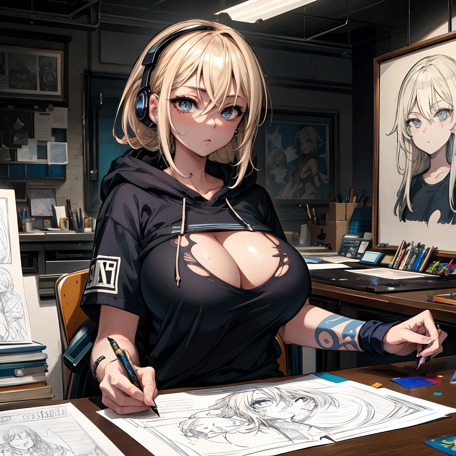 A beautiful and sexy artist girl, blonde hair, blue eyes, wearing headphones a hoodie graphic t-shirt and torn skinny jeans, huge gigantic tits, cleavage showing, tons of tattoos and piercings, sitting at her drafting table, drawing a pencil sketch of a highly detailed super hero in her sketch pad, in an art studio, highly detailed background, perfect masterpiece, high quality, high resolution