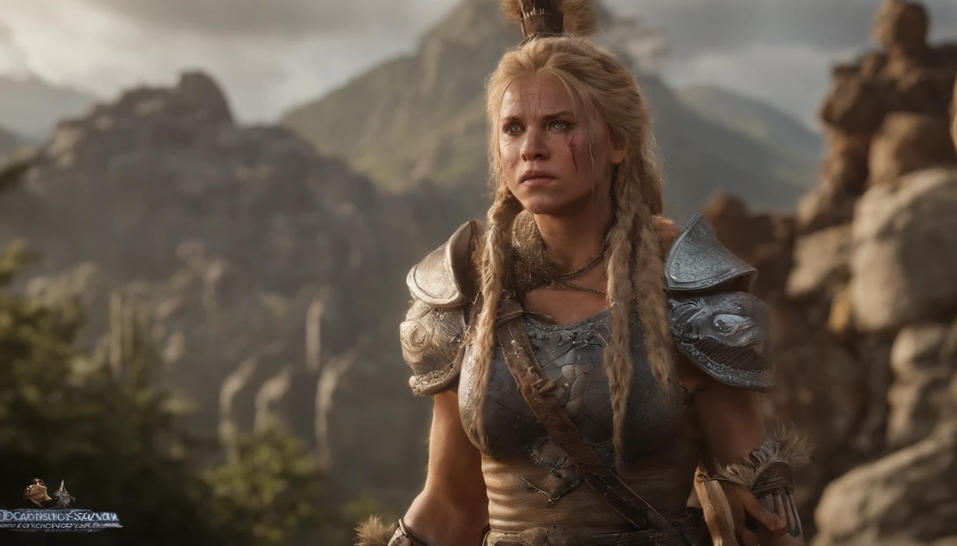 Barbarian Maidens in Dungeons & dragons, Blonde hair with long braids, Couro de corpo inteiro e armadura de pele sem metal, holding a spear, large muscles, dnd, in the style of realistic and hyper-detailed renderings,Dungeons and Dragons, 8k, Olhos detalhados, olhos perfeitos, epics , Dramatic , genial, corpo inteiroesbian , design e detalhes intrincados, dramatic lighting, hiper fotorrealismo, fotorrealista, cinemactic, 8k, Rosto detalhado, dramatic photo,Epic photo, corpo inteiro,selvagem,