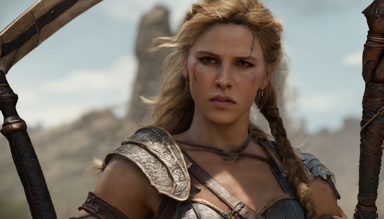 Barbarian Maidens in Dungeons & dragons, Blonde hair with long braids, Couro de corpo inteiro e armadura de pele sem metal, holding a spear, large muscles, dnd, in the style of realistic and hyper-detailed renderings,Dungeons and Dragons, 8k, Olhos detalhados, olhos perfeitos, epics , Dramatic , genial, corpo inteiroesbian , design e detalhes intrincados, dramatic lighting, hiper fotorrealismo, fotorrealista, cinemactic, 8k, Rosto detalhado, dramatic photo,Epic photo, corpo inteiro,selvagem,