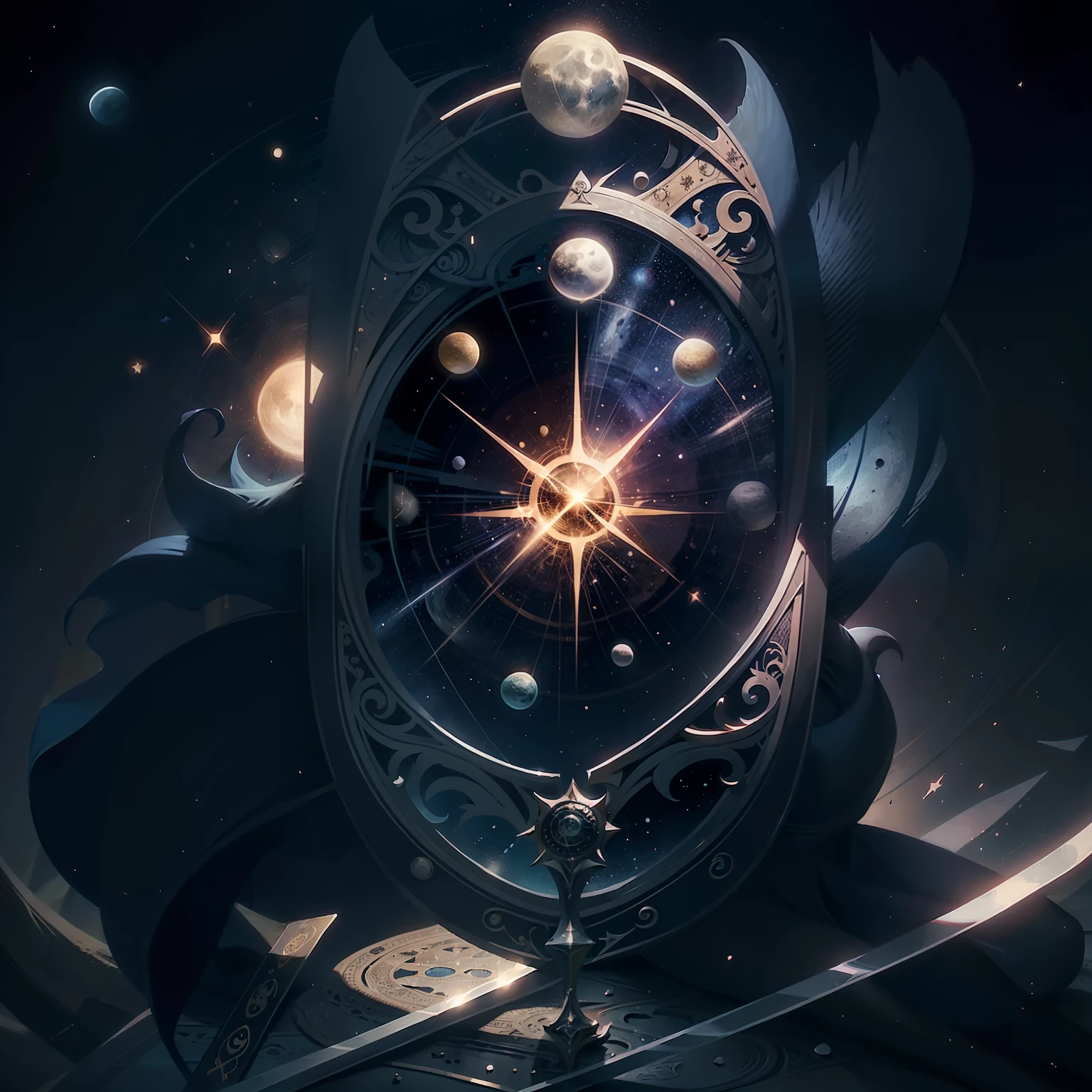 Tarot card design with swords, moons, stars, suns.