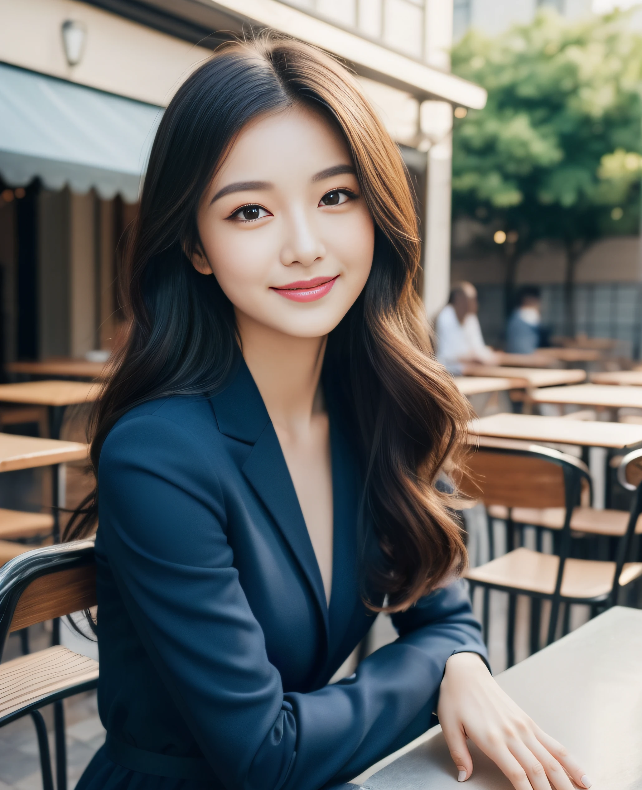 ((Top quality, 8K, Masterpiece: 1.3)), Beautiful girl, Pure, Melon face, Kind and cute, Sweet smile, Pure desire, Slender body, (Front), (Tilted head), ((Looking at camera) ), wearing a marine blue colored suit, black silky long hair, long flowing shoulders, round black big eyes, clear big eyes, moist red lips, sweet, sitting on a chair, cafe terrace background ,(((waist shot))),