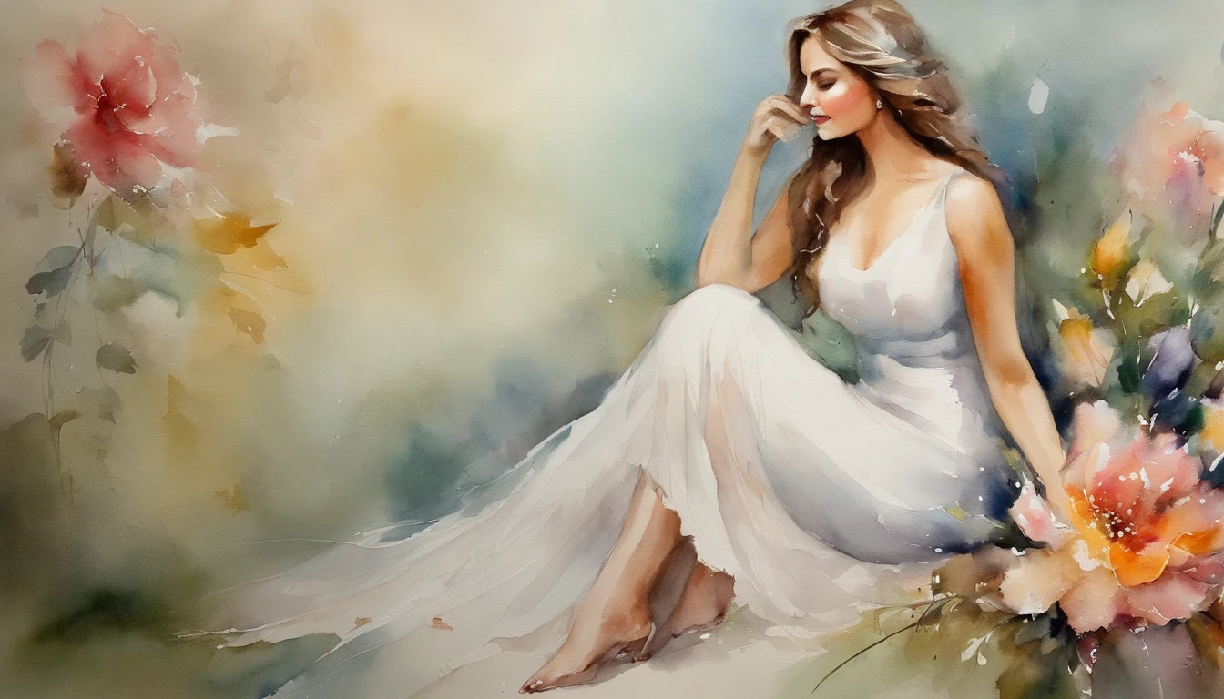 Mulher bonita com pernas longas vestindo seda branca,Flowers in hand,usar um vestido de noiva